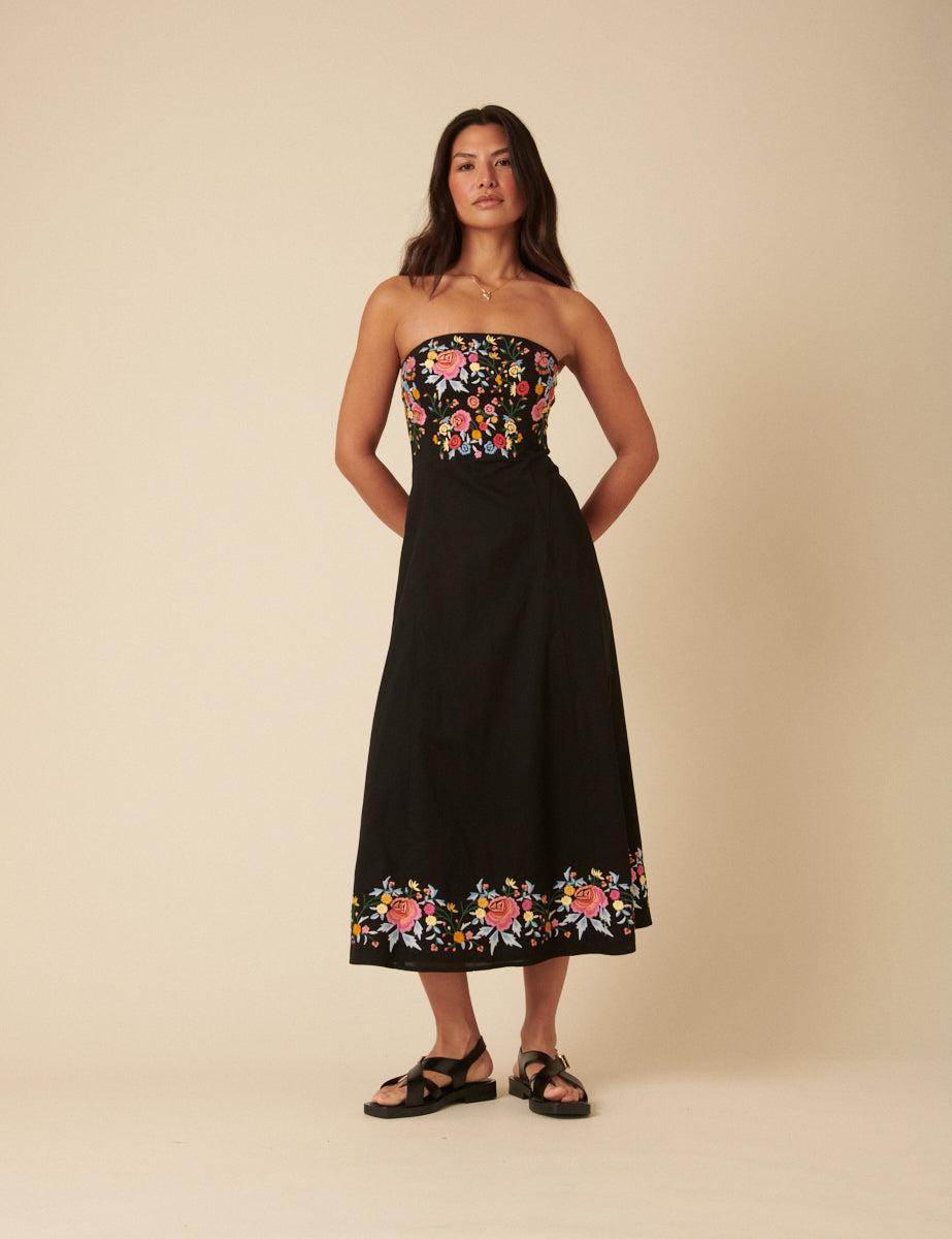 Nobody's Child Floral Embroidered Bandeau Alpha Midi Dress in