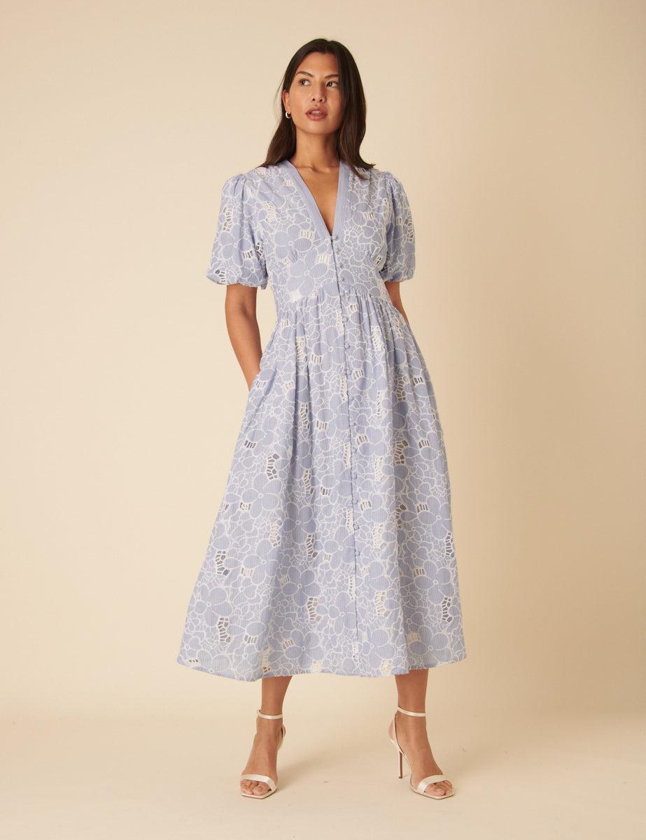Nobody's Child Stripe Floral Embroidered Starlight Midi Dress in Natural