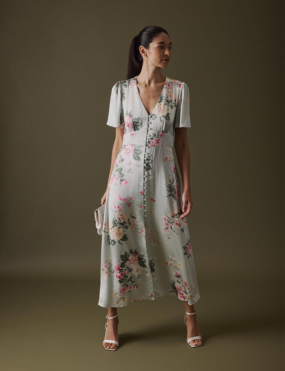floral green v neck midi erin dress Nobody's Child Blooming Roses Bridesmaids in Anaya