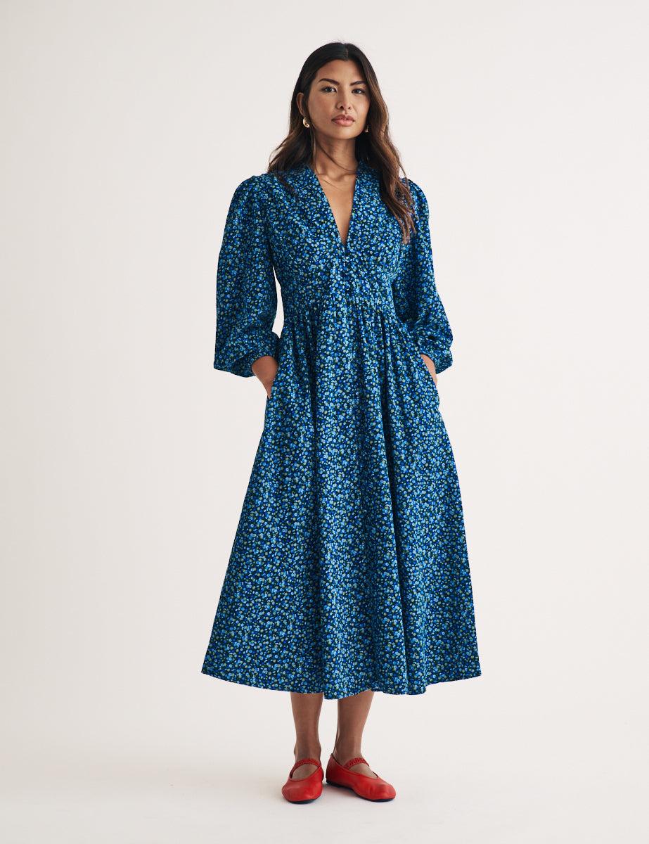 blue stripe floral embroidered starlight midi dress Nobody's Child Ditsy Floral Cord Starlight Midi Dress in Blue