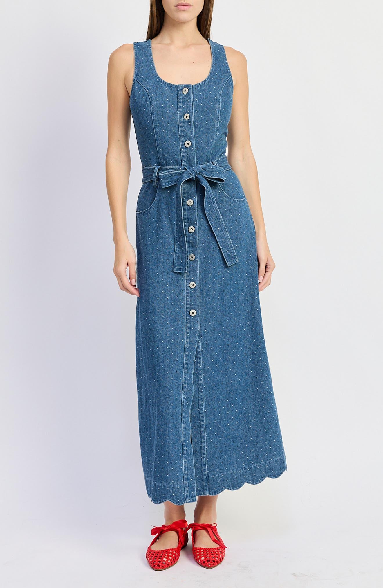 true blue denim dress Bebe Women's Halter Midi Dress, Size 6 in Wash Metal/Cotton/Spandex Callas Milano Nadege Denim with a 59 bust Women - Winter Whites Størrelse:S