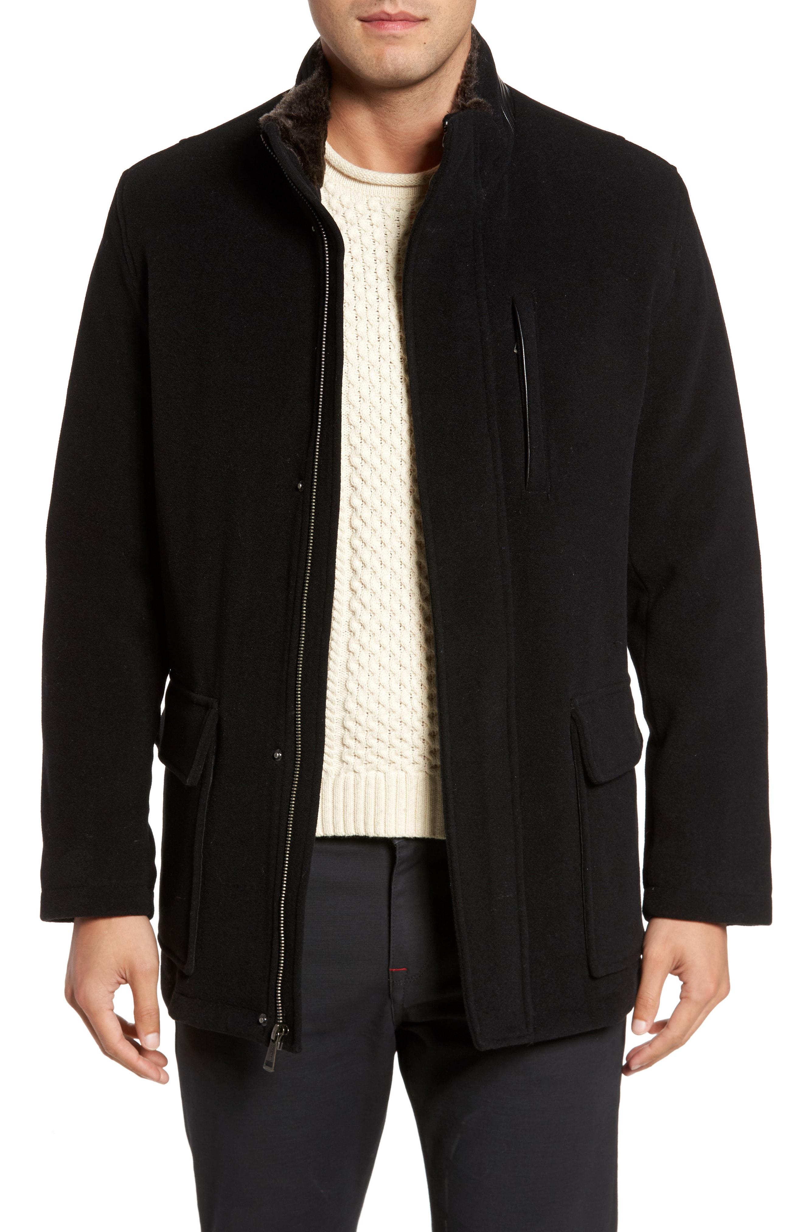 Cole Haan Faux Fur Collar Wool Blend Parka in Black for Men - Lyst