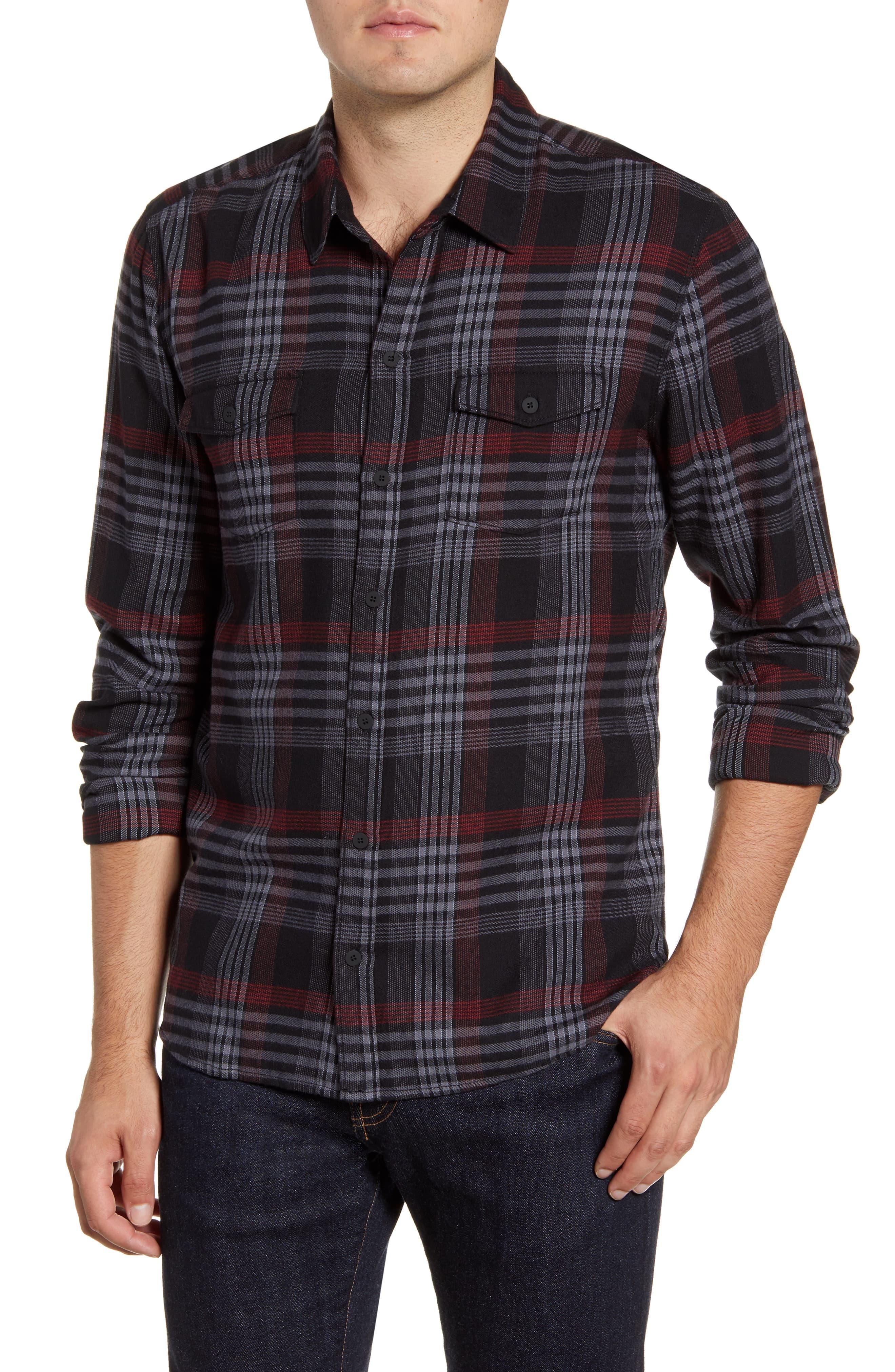 PAIGE Mens Everett Flannel Button Down Shirt in Black Marl Brannon Plaid