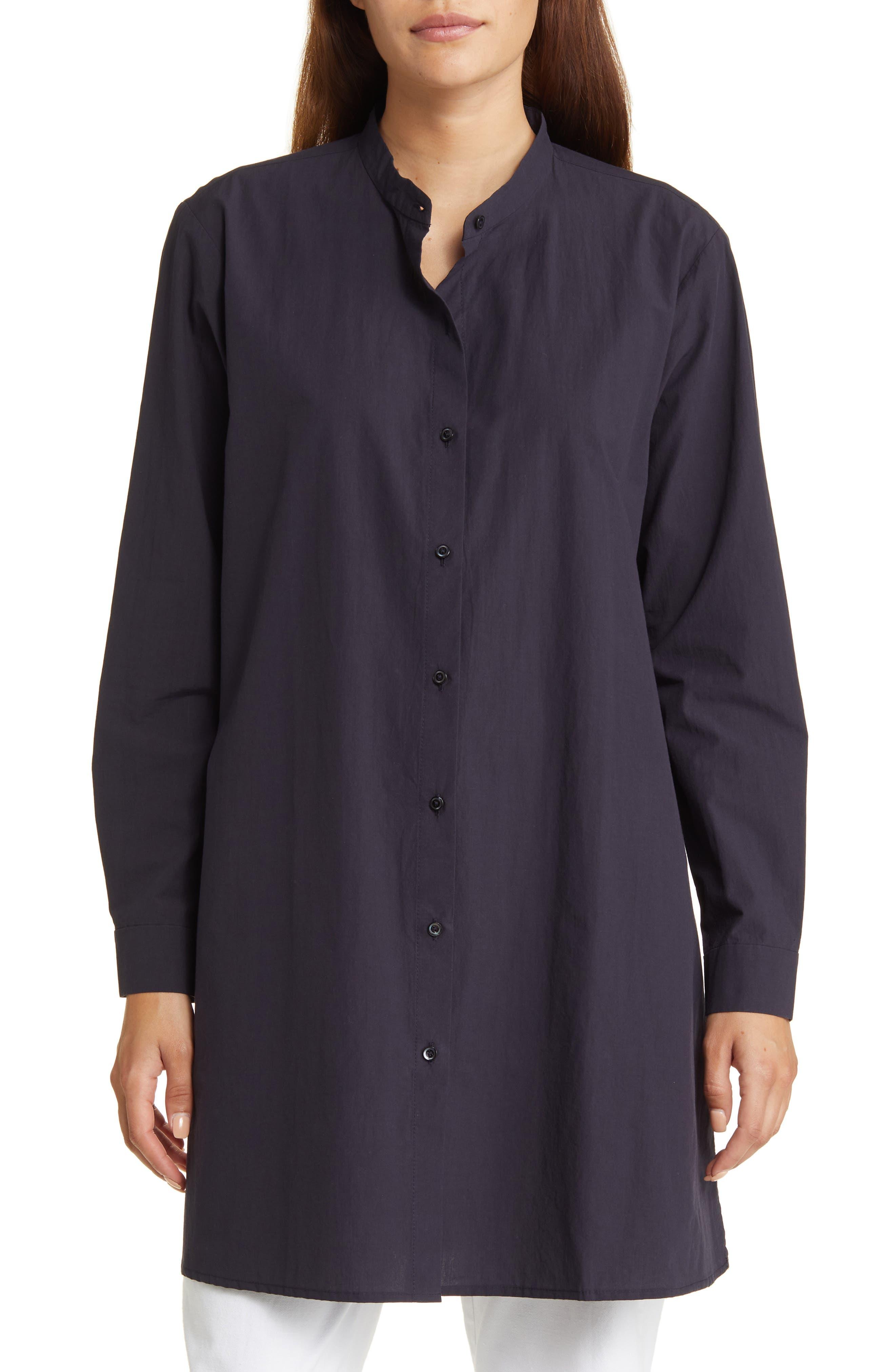 Eileen Fisher Easy Band Collar Longline Organic Cotton Shirt in Blue Lyst