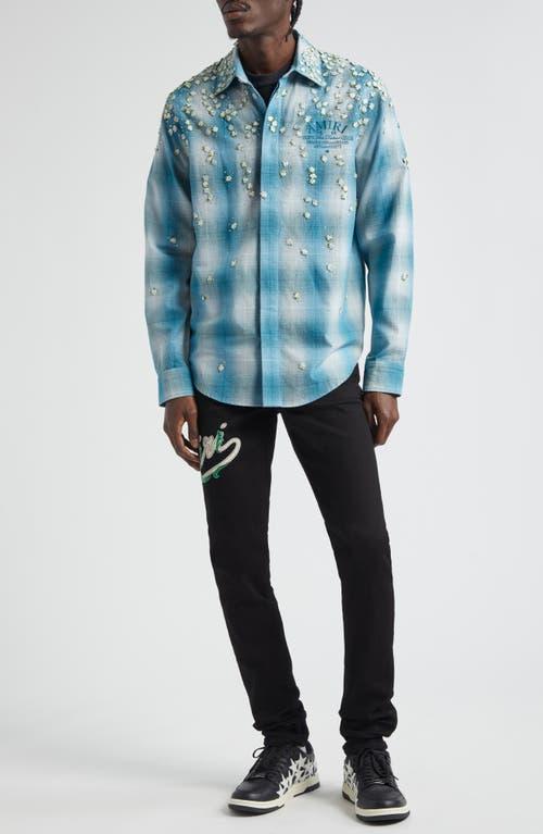 Amiri Floral Crystal Embellished Plaid Flannel Button-Up Shirt in
