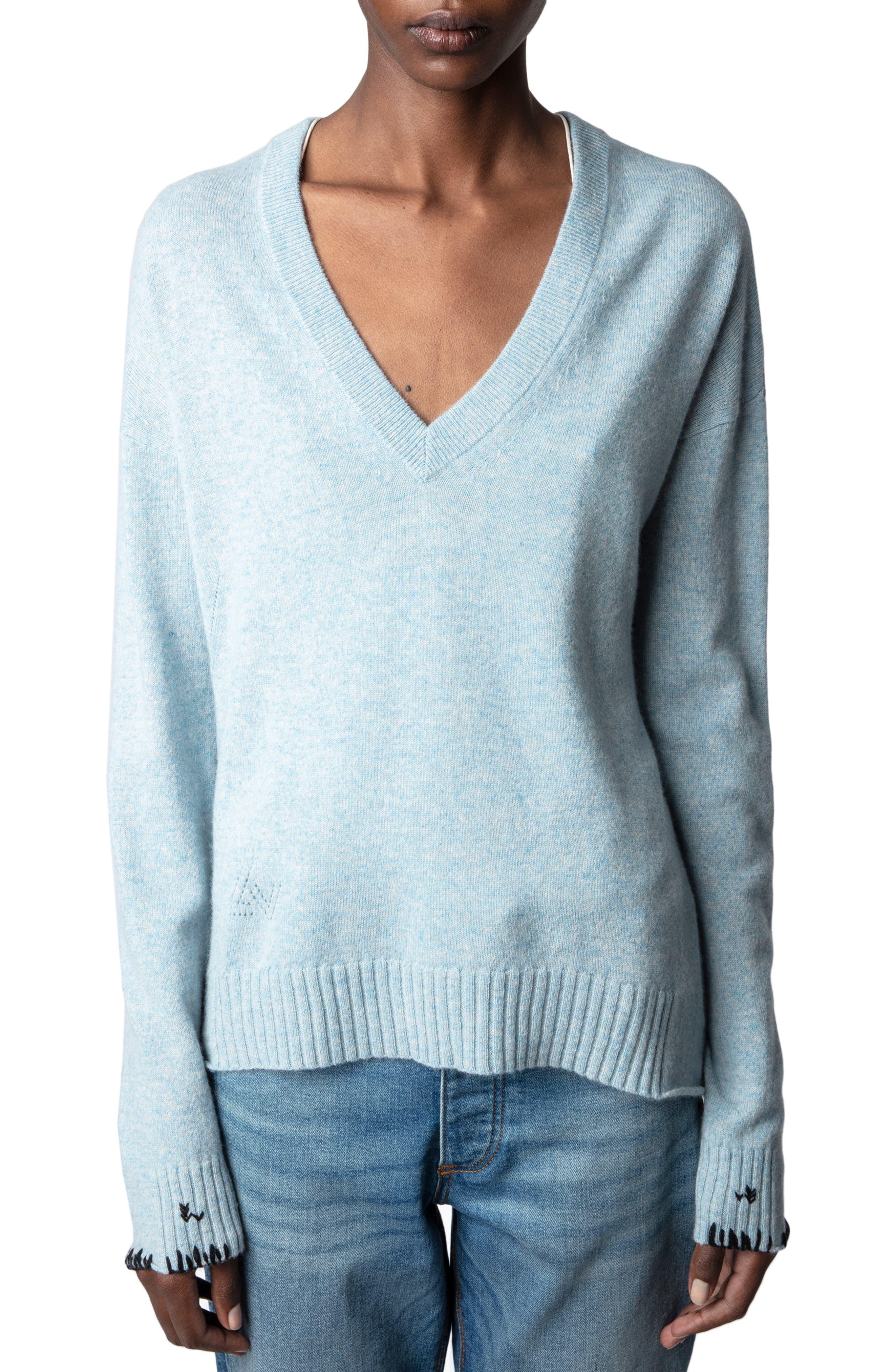 Zadig Voltaire Vivi Star Patch V neck Cashmere Sweater in Blue