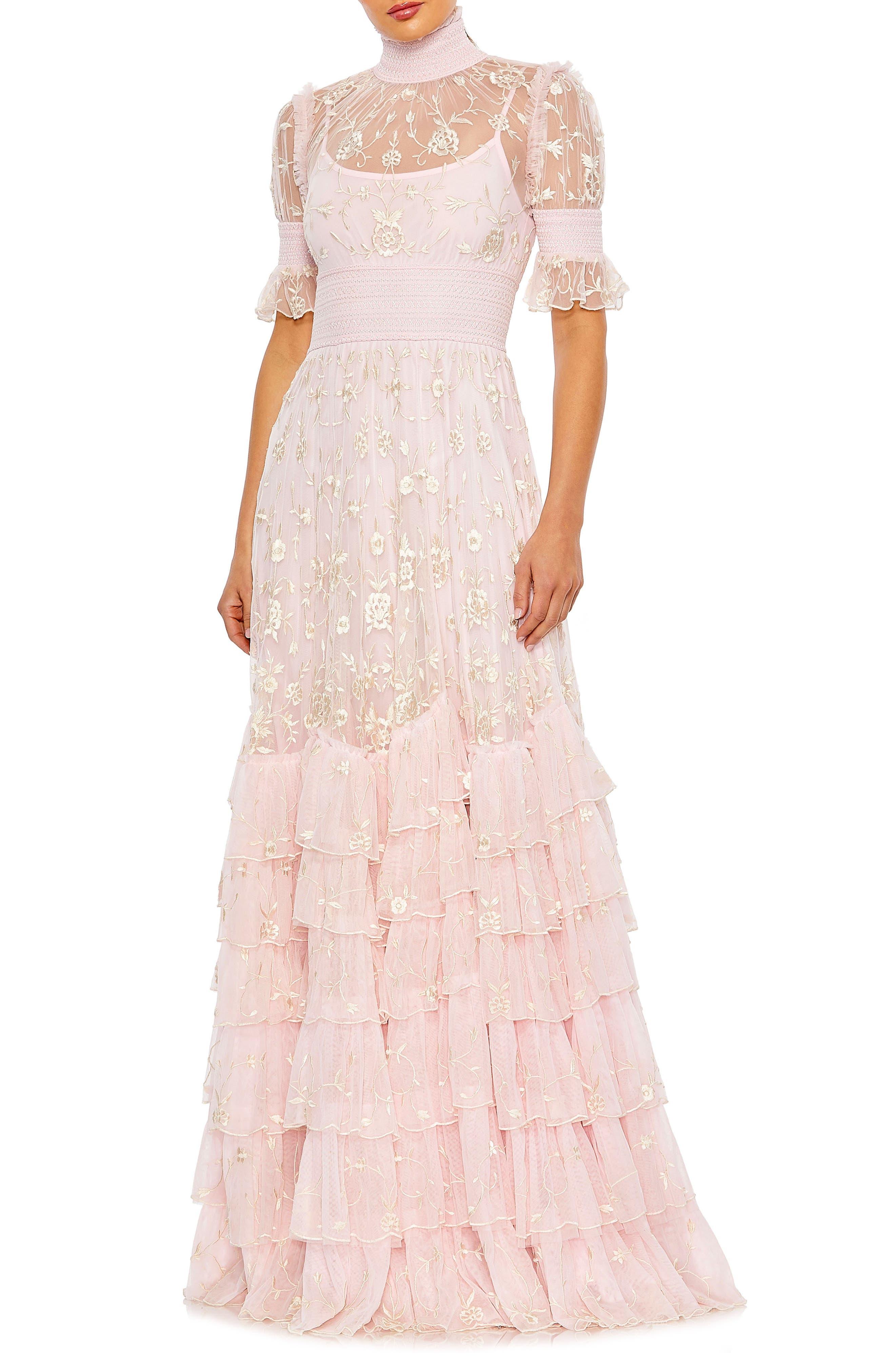 Mac Duggal Floral Embroidered Tiered Ruffle Gown in Pink | Lyst
