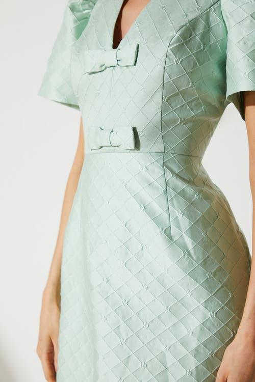 slim fit dress slacks She's A Vision Light Blue Floral Jacquard Bow Back Mini Dress