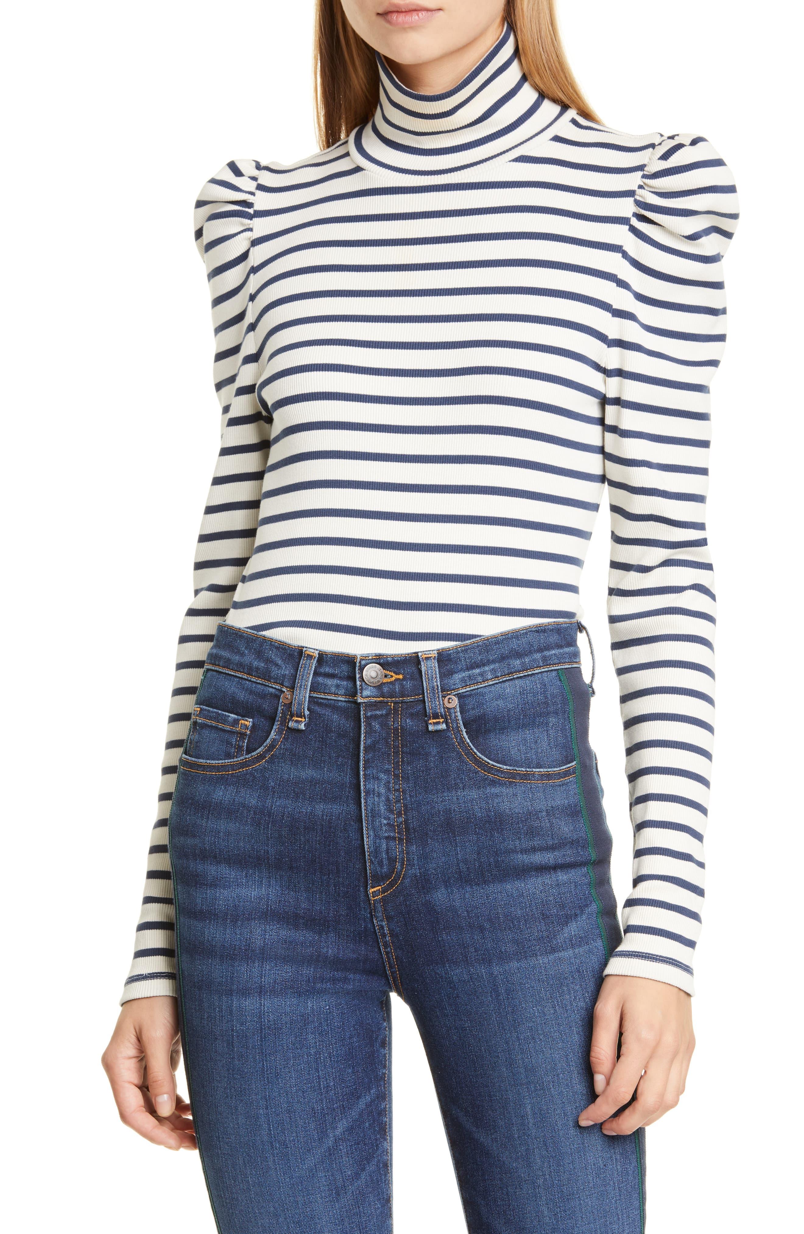 Veronica Beard Cotton Cedar Stripe Puff Sleeve Turtleneck Top in Navy/ Ivory (Blue) - Lyst