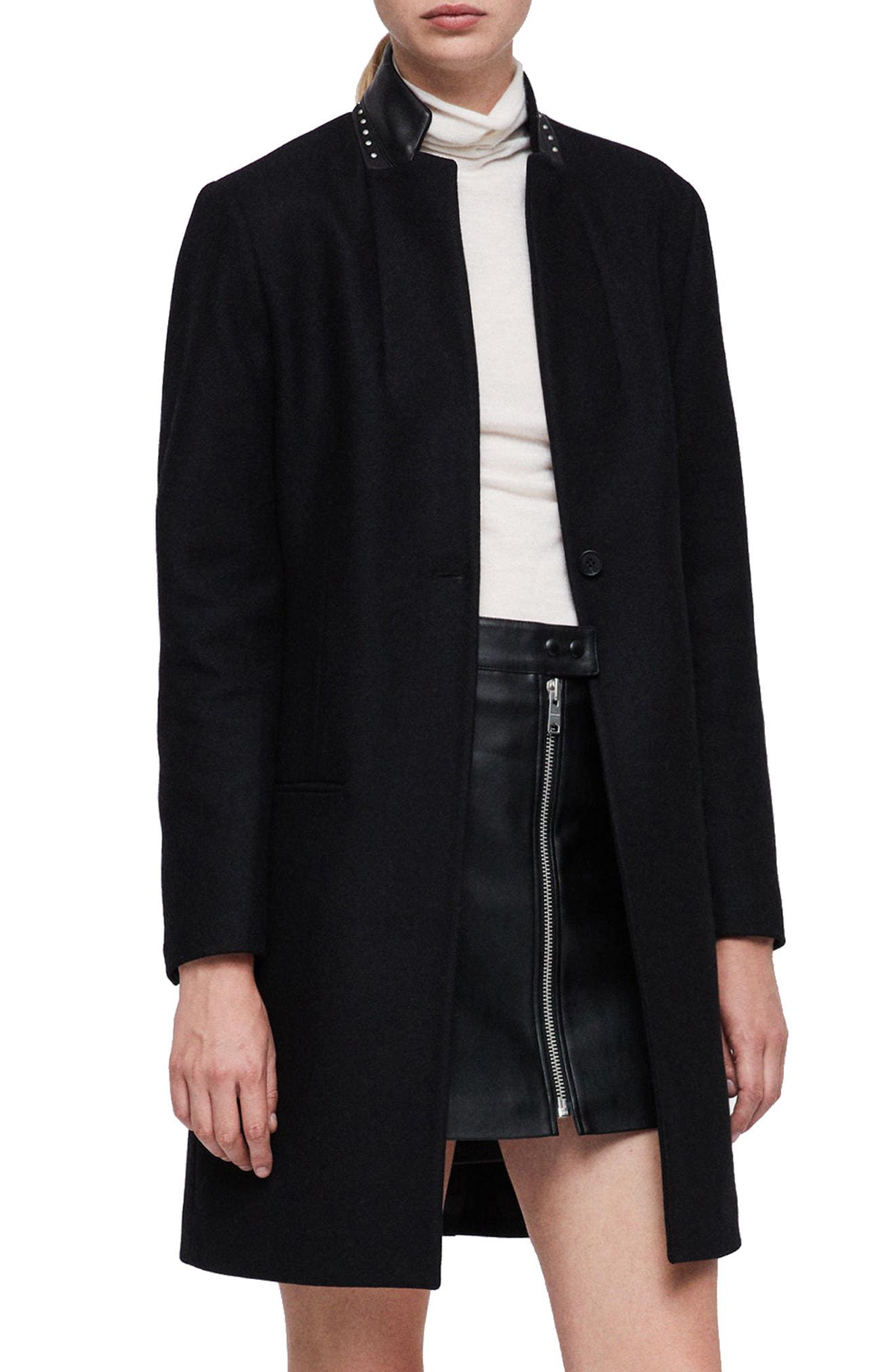 AllSaints Leni Stud Trim Leather Collar Wool Blend Coat in Black | Lyst