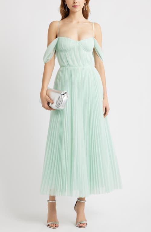 sachin and babi light blue dress MORPHEW Atelier Seafoam Green Beaded Silk Lace Gown with Ripped Chiffon