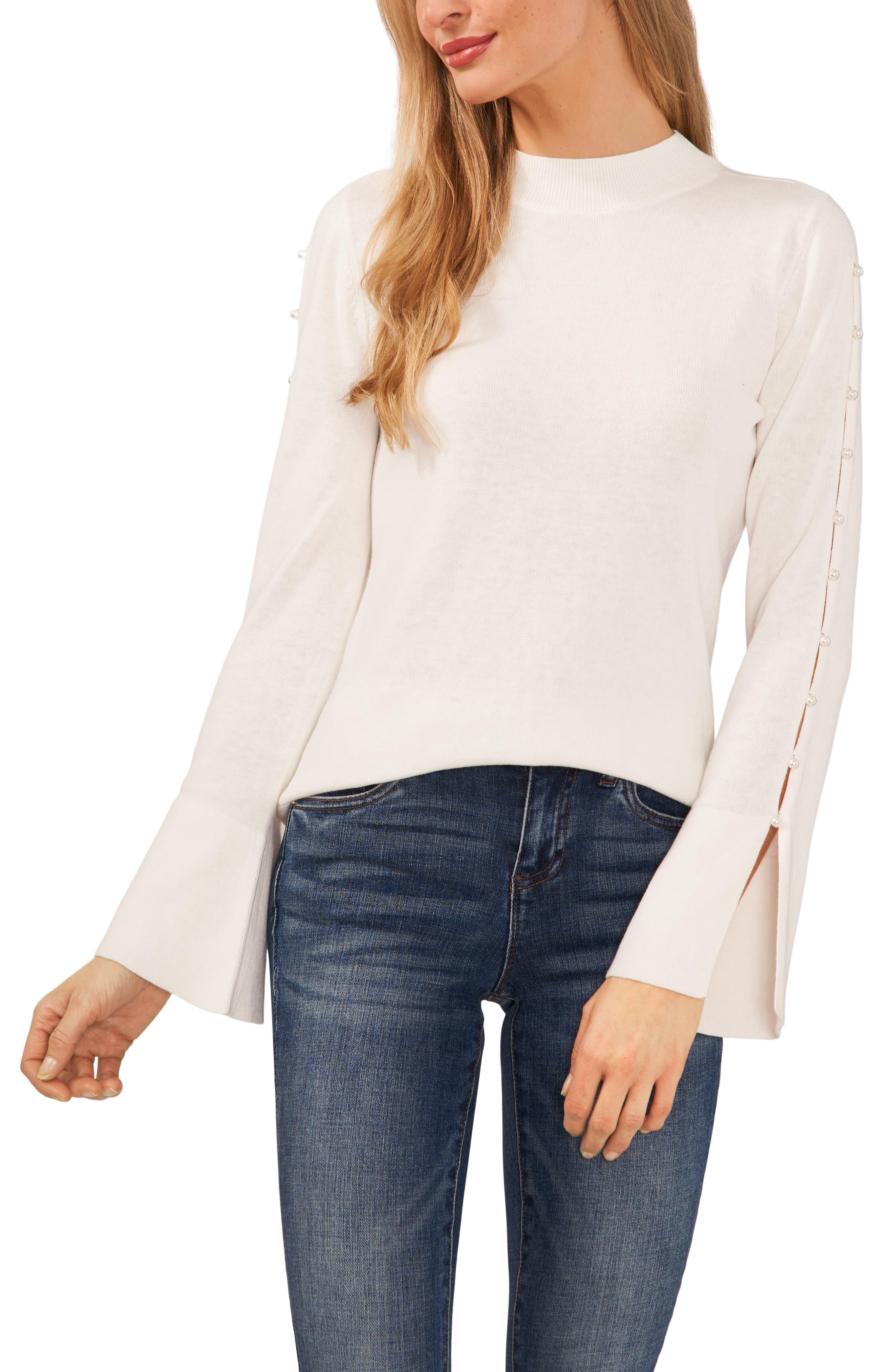 Cece Imitation Pearl Accent Mock Neck Sweater in White Lyst
