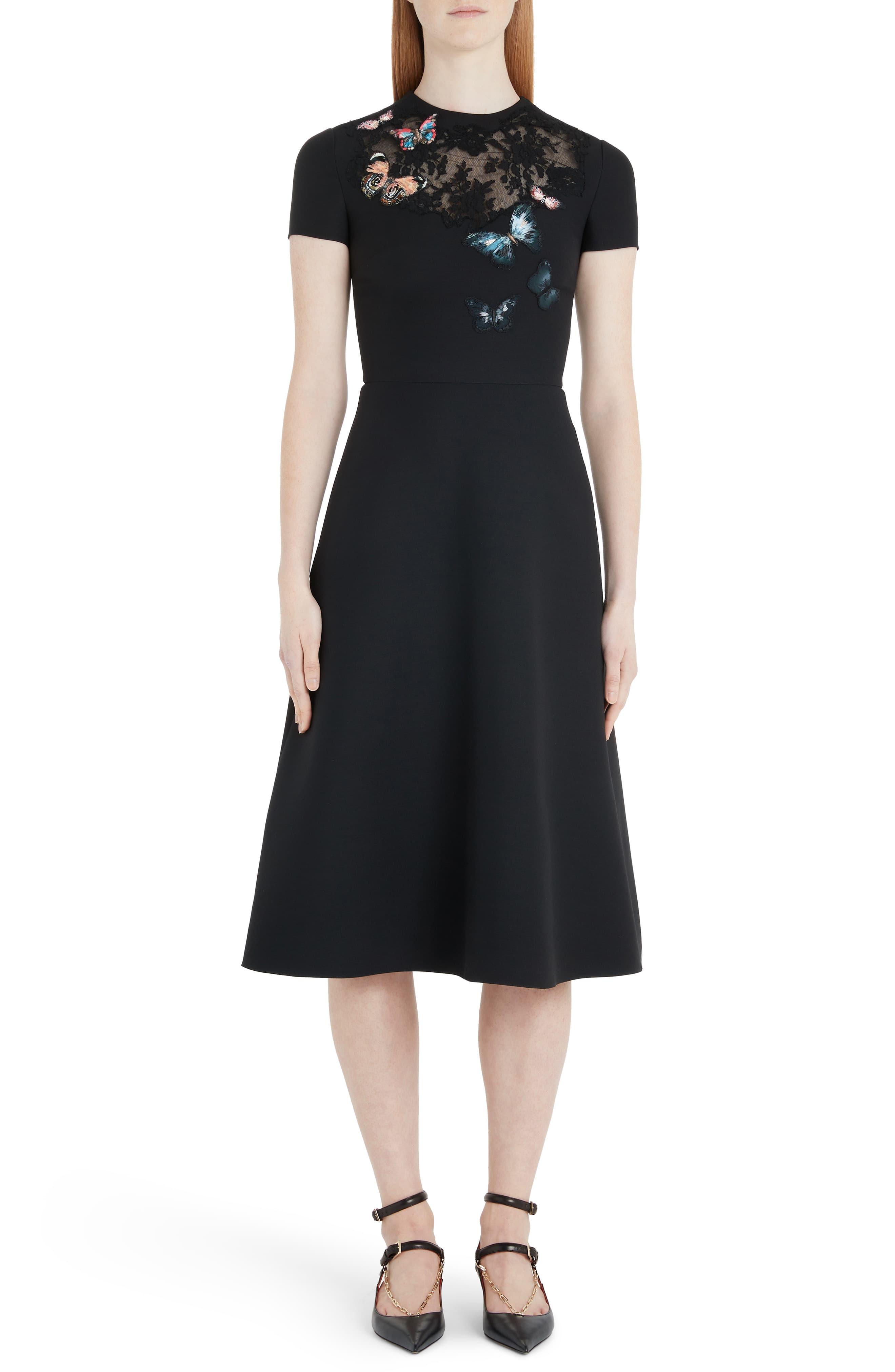 Valentino Butterfly Embroidered Lace Panel Midi Dress in Black - Lyst