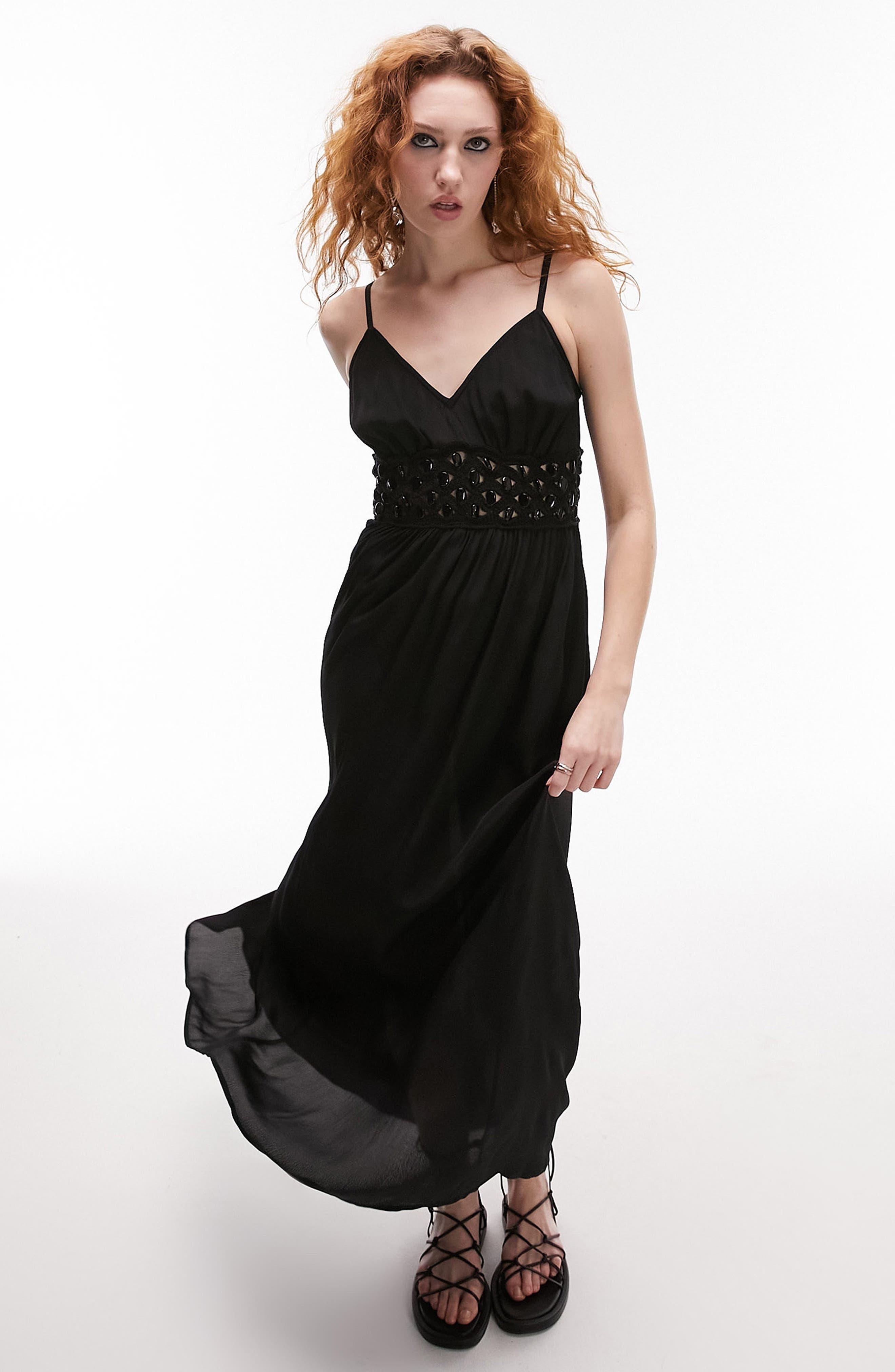 TOPSHOP Beaded Waist Maxi Dress in Black | Lyst