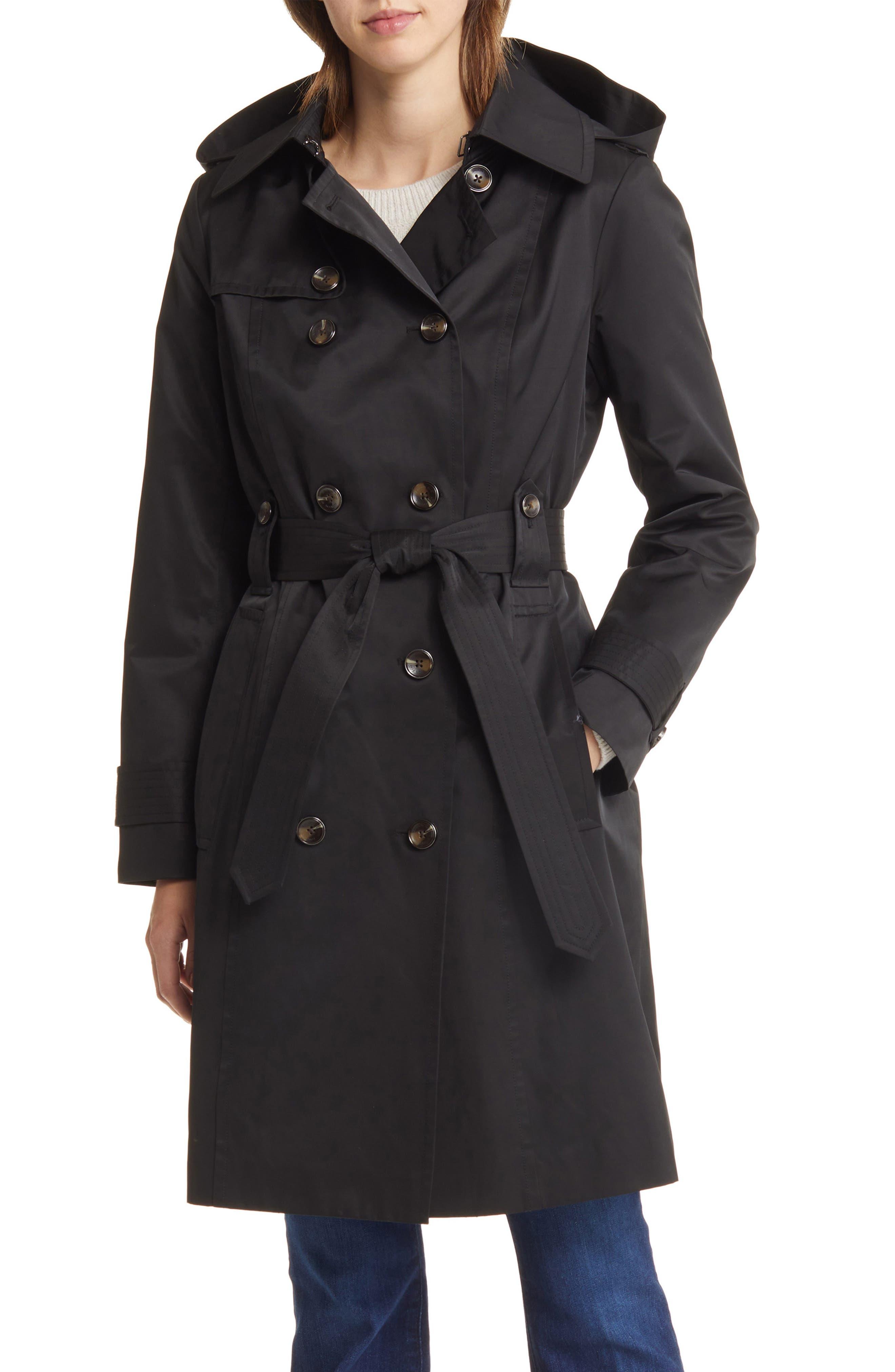 London Fog Belted Water Repellent Trench Coat With Removable Hood in ...
