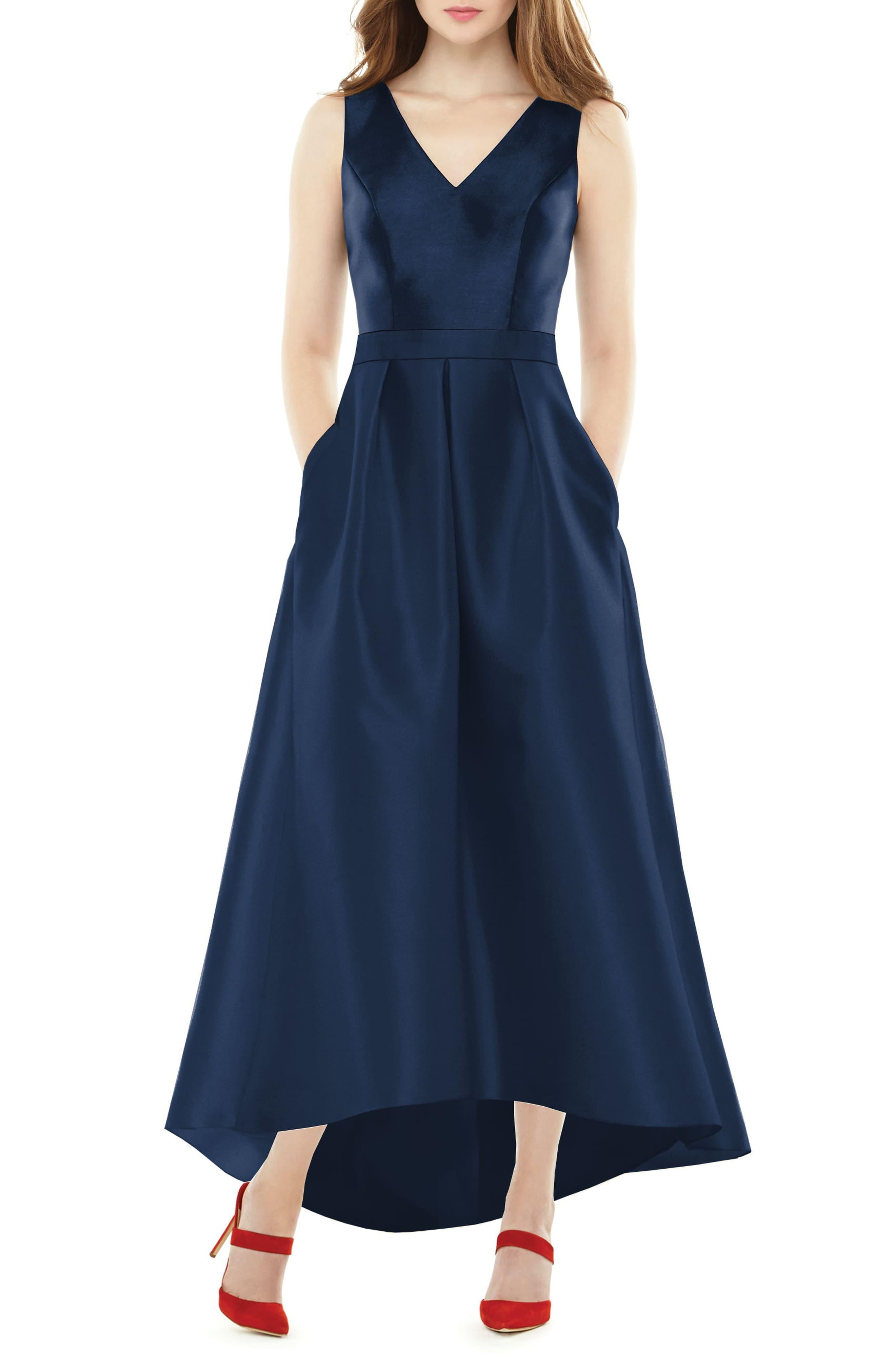 Alfred Sung V-neck Sleeveless High-low Sateen Twill Gown in Midnight (Blue) - Save 5% - Lyst