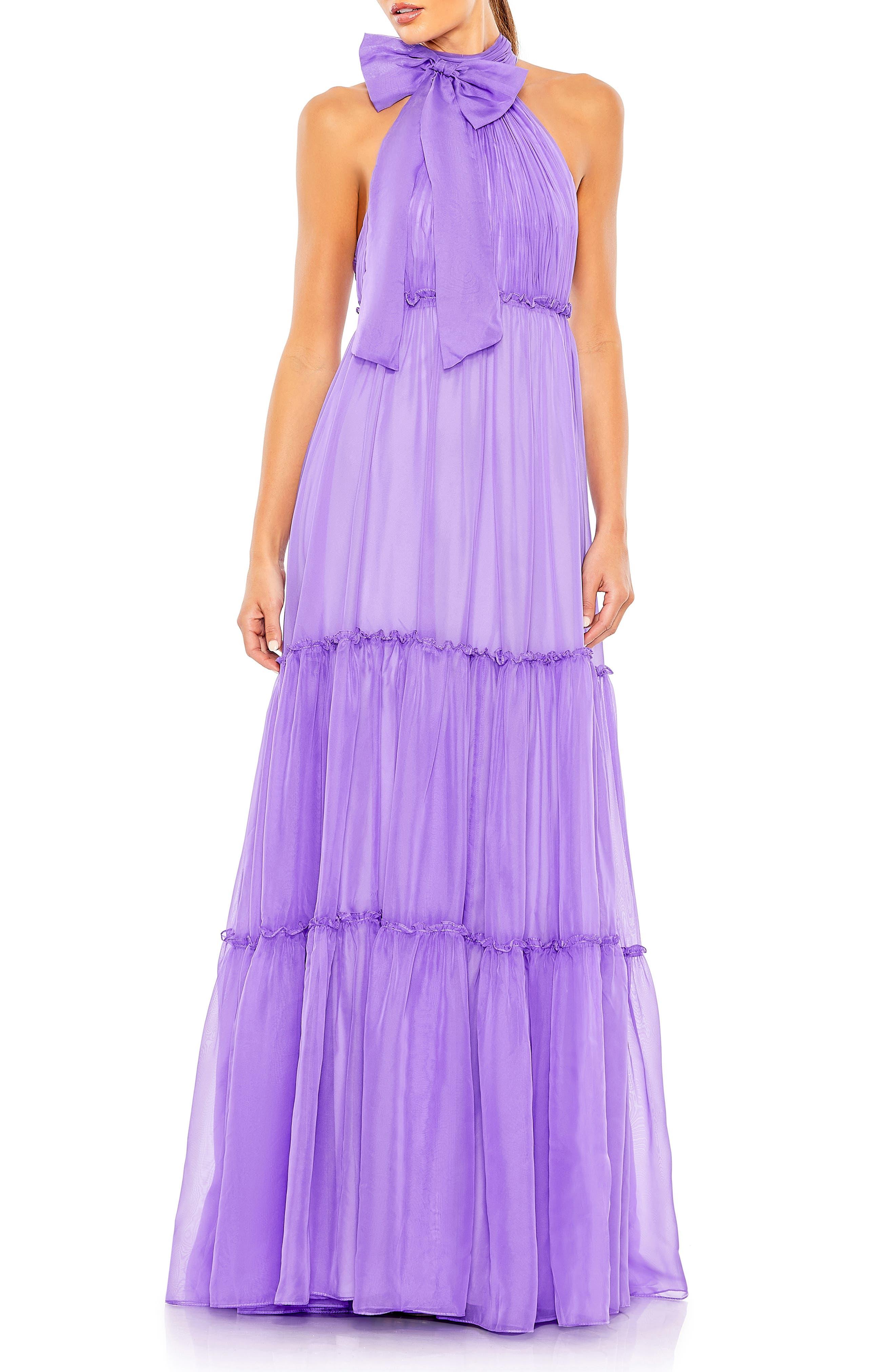 Mac Duggal Bow Neck Tiered Ruffle Gown in Purple | Lyst