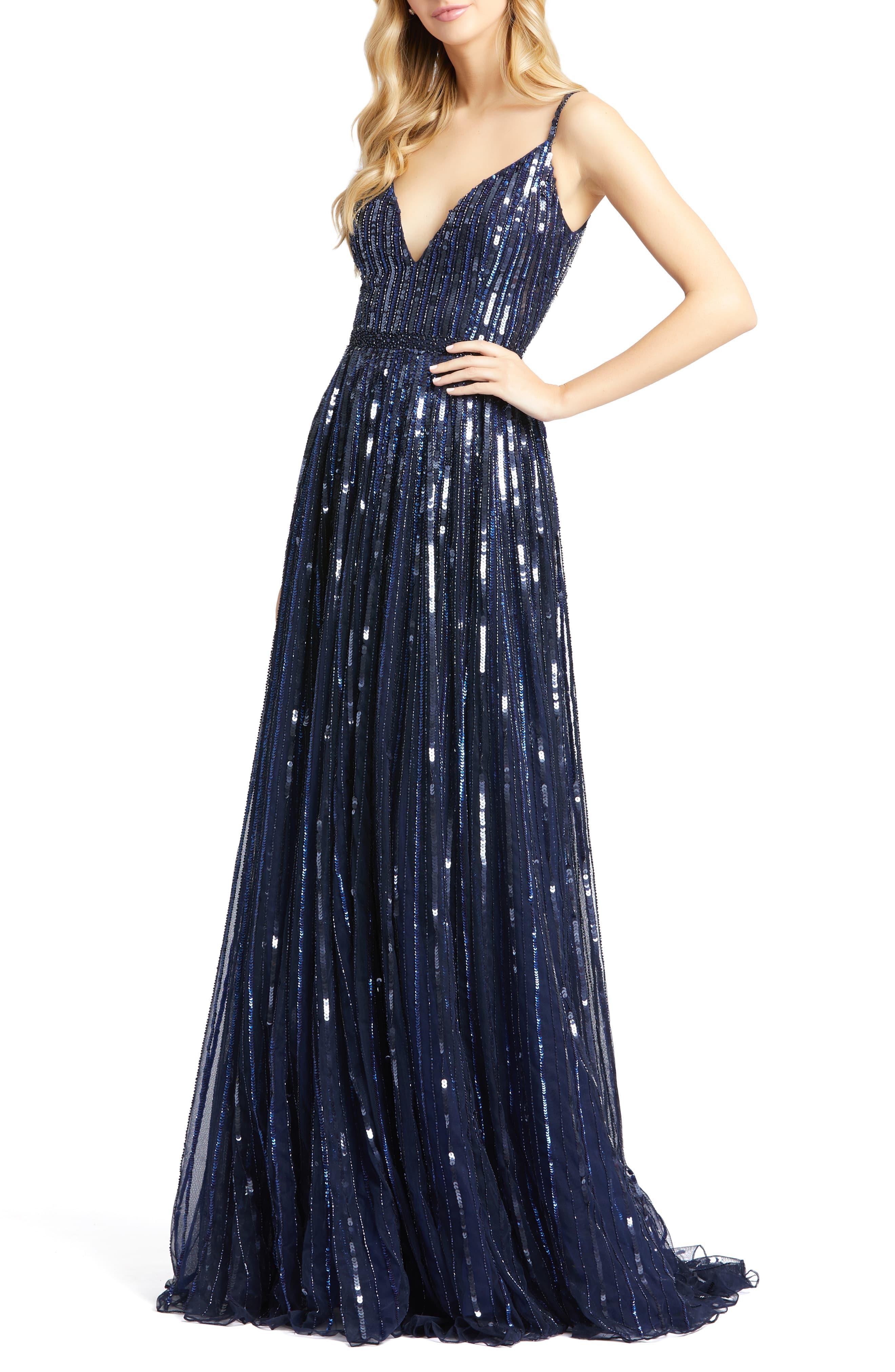 mac duggal sequin slit gown