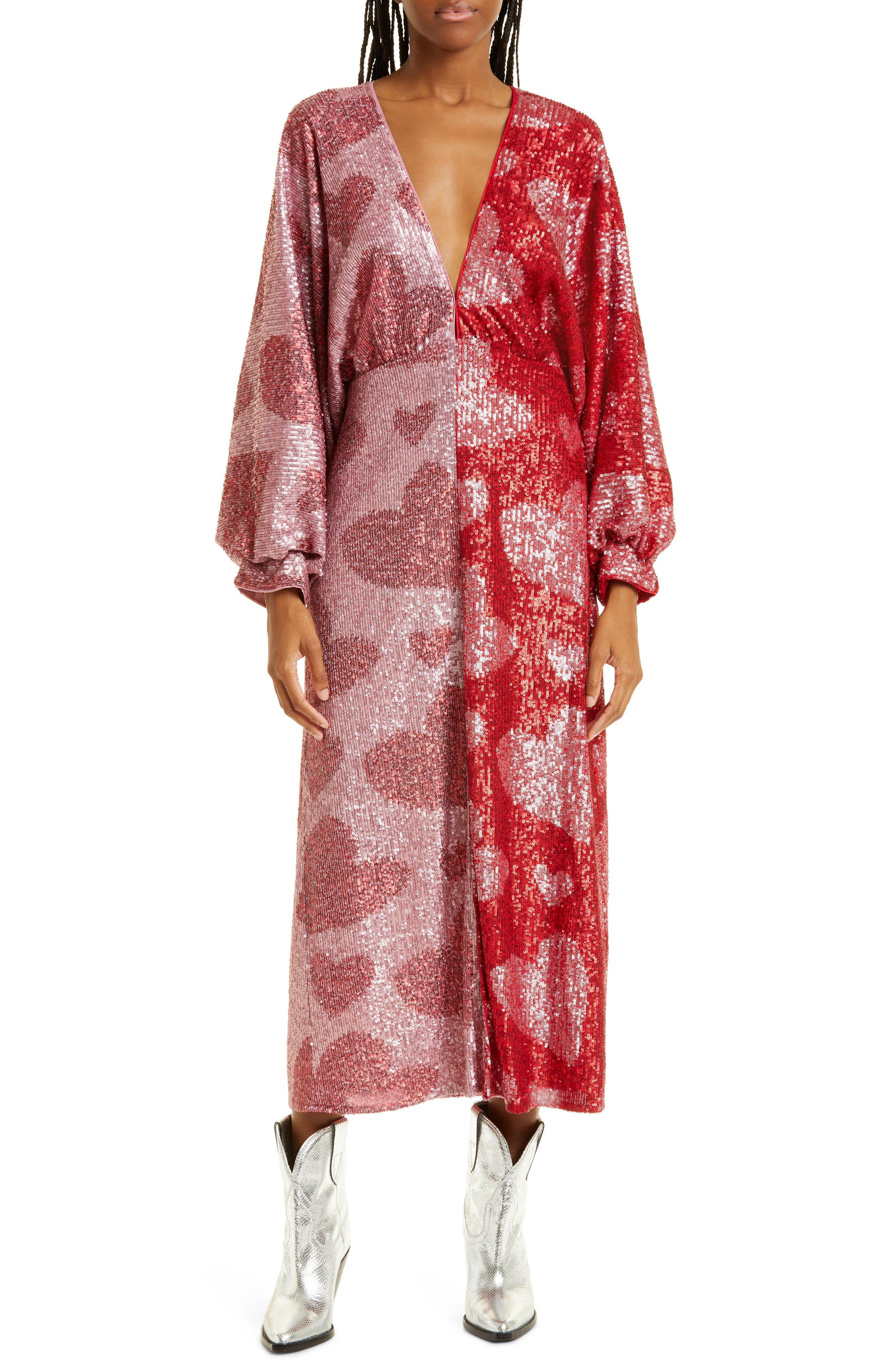 FARM Rio Heart Sequin Long Sleeve Midi Dress in Red | Lyst