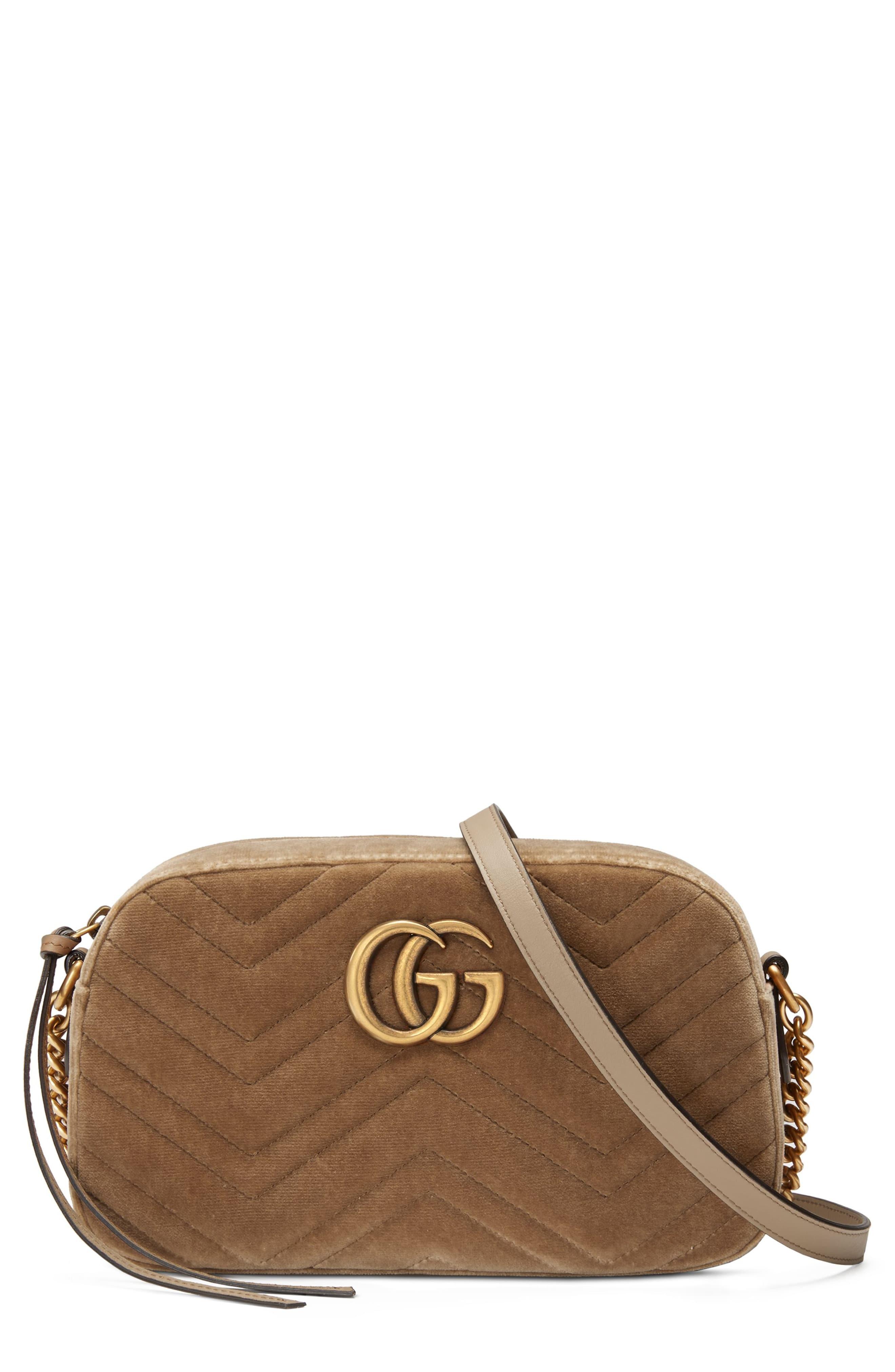 Gucci GG Marmont Shoulder Bag Velvet Small Taupe in Velvet with Antique  Gold-tone - US