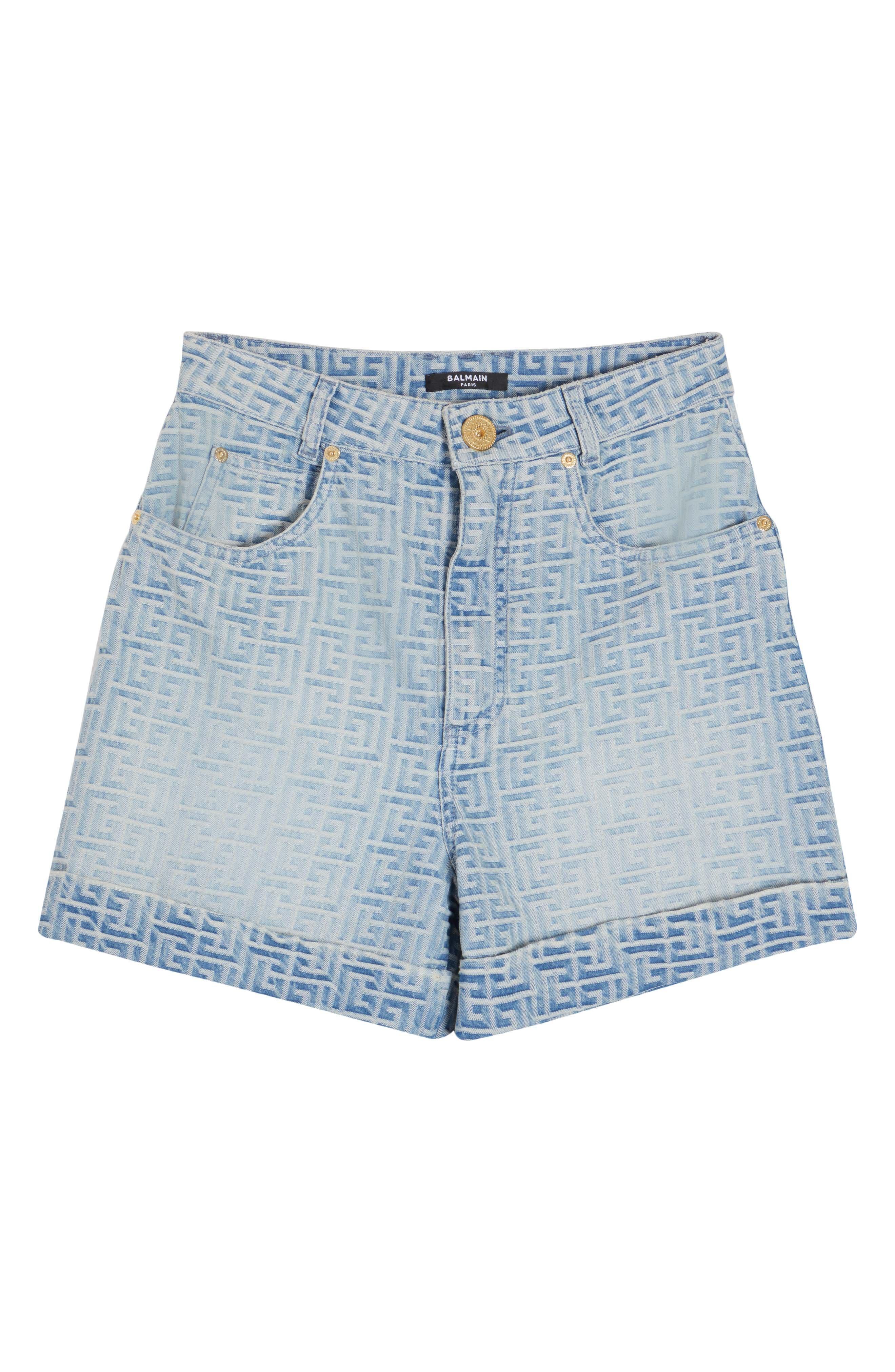 BLUE JEANS BALMAIN JACQUARD MONOGRAM DENIM SHORTS (AH0MB006DD27