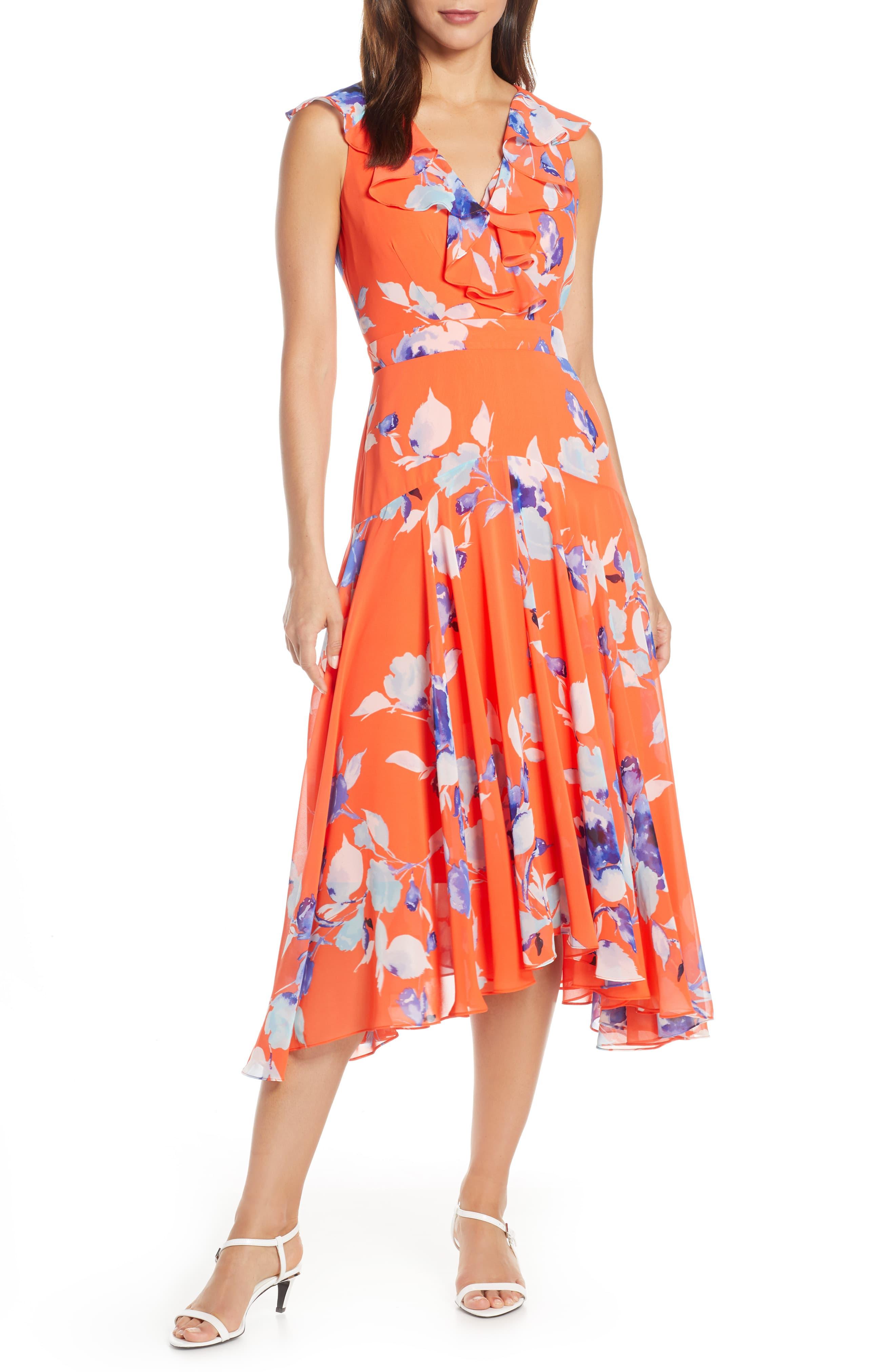 eliza j floral ruffle midi dress