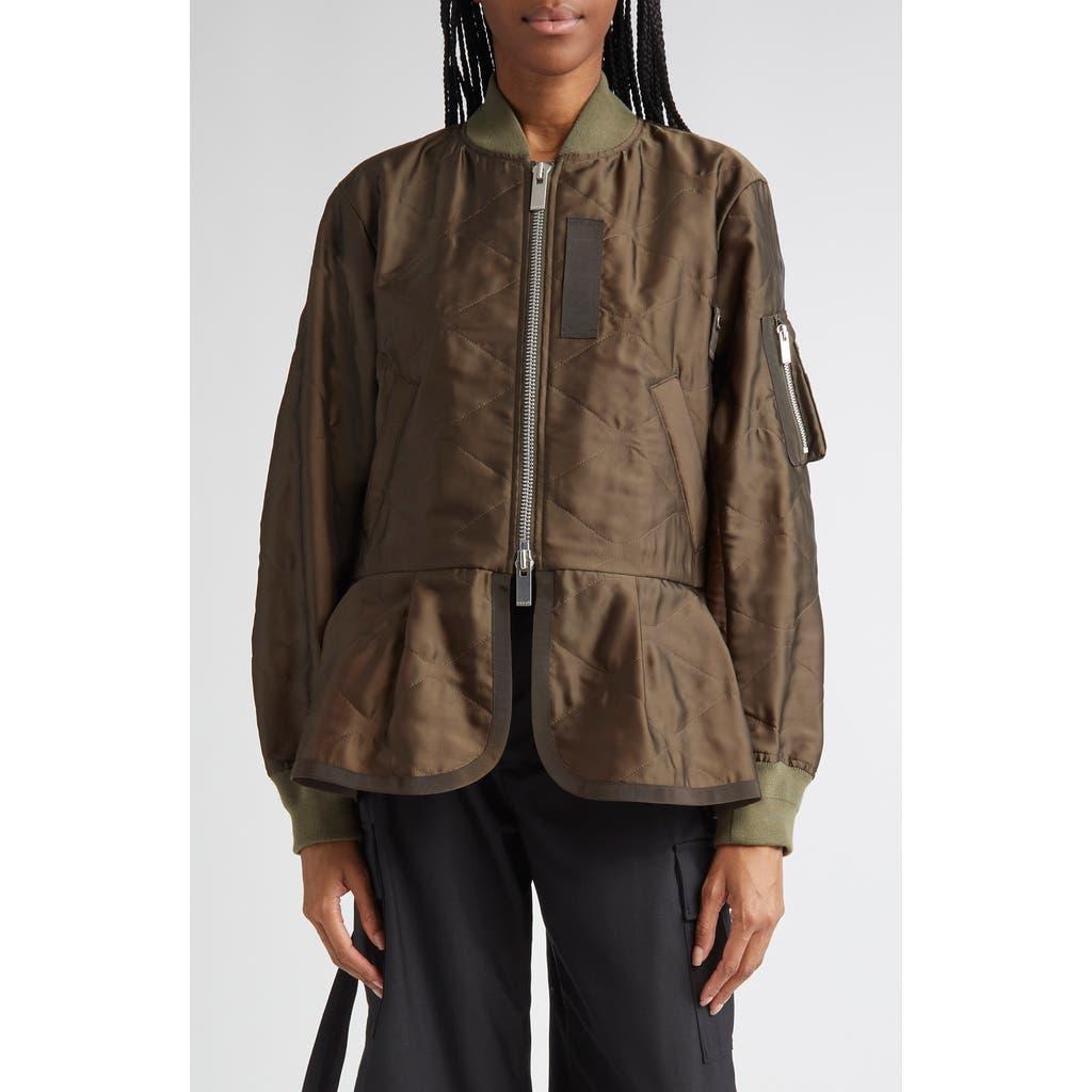 Sacai Quilted Satin Peplum Jacket in Brown | Lyst