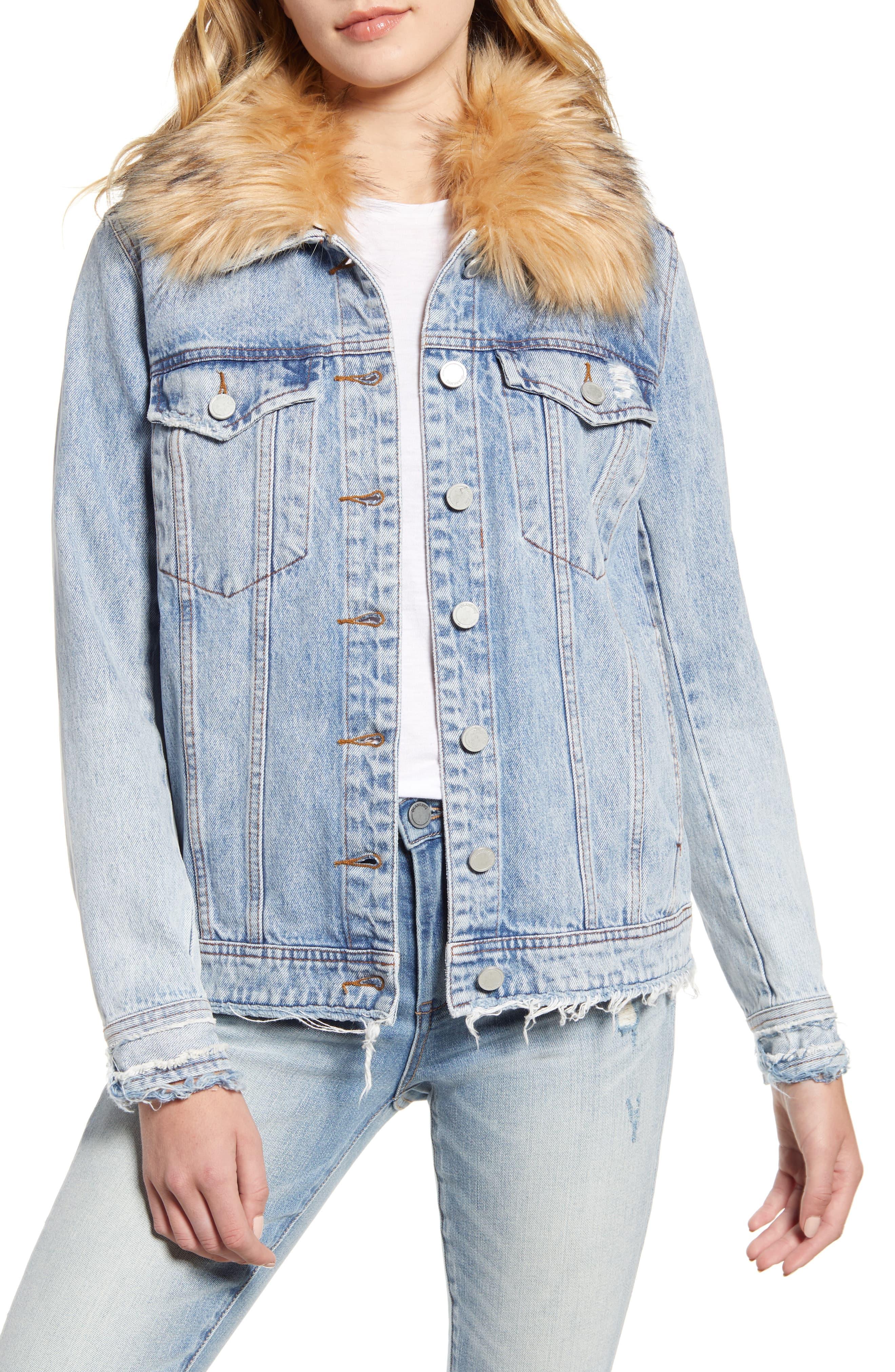 blue faux fur denim jacket