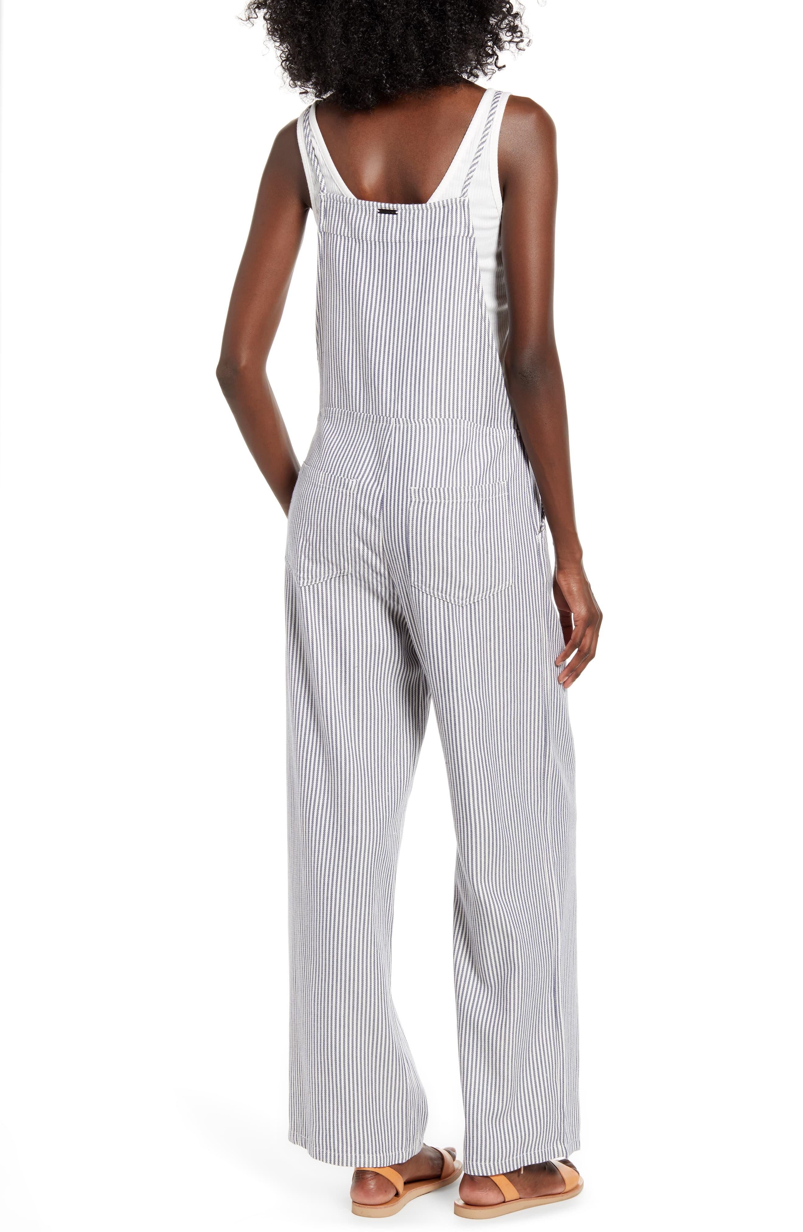 wild honey pinstripe flared dungaree jumpsuit