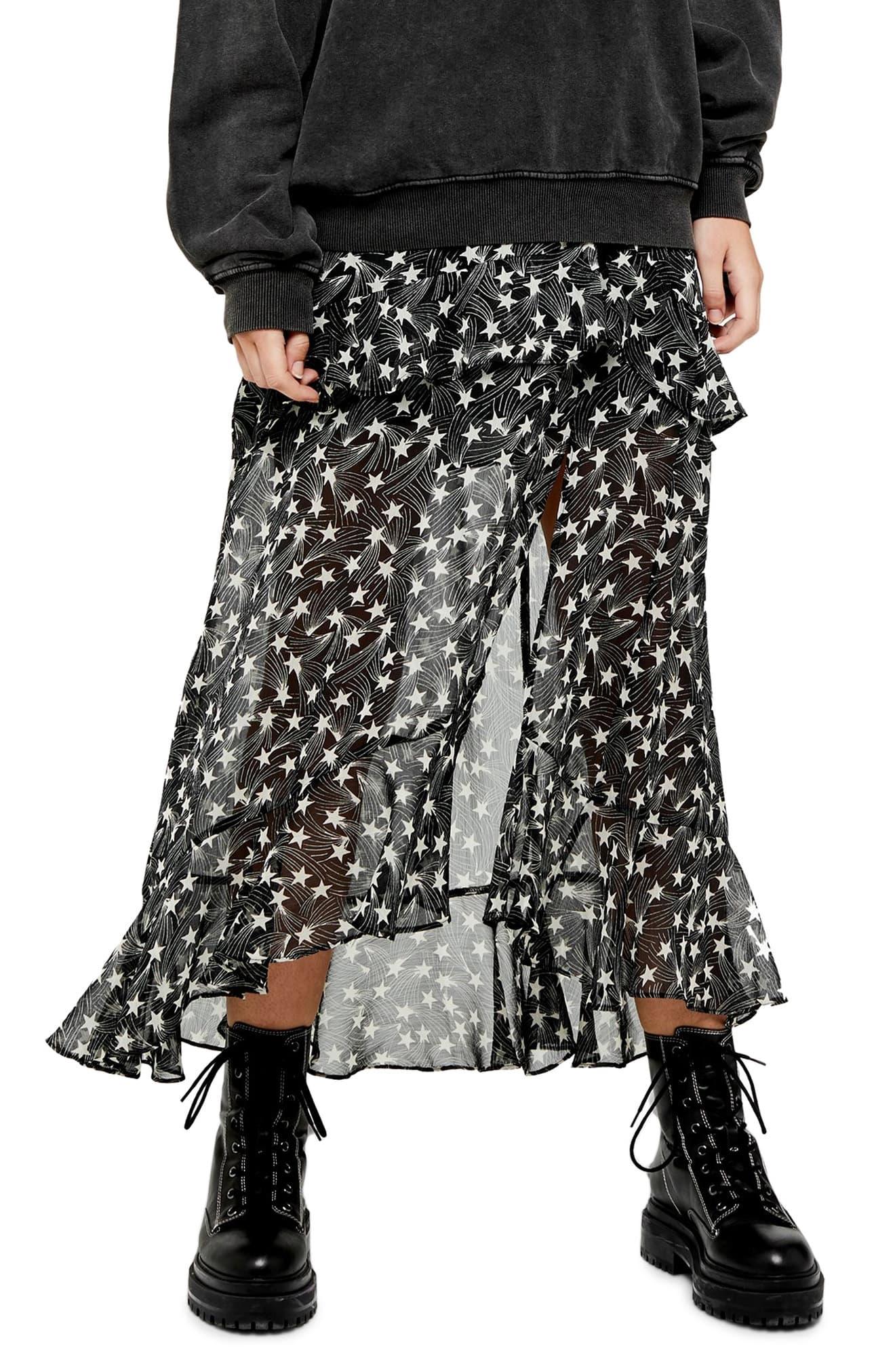 Star Ruffle Maxi Skirt in Black 