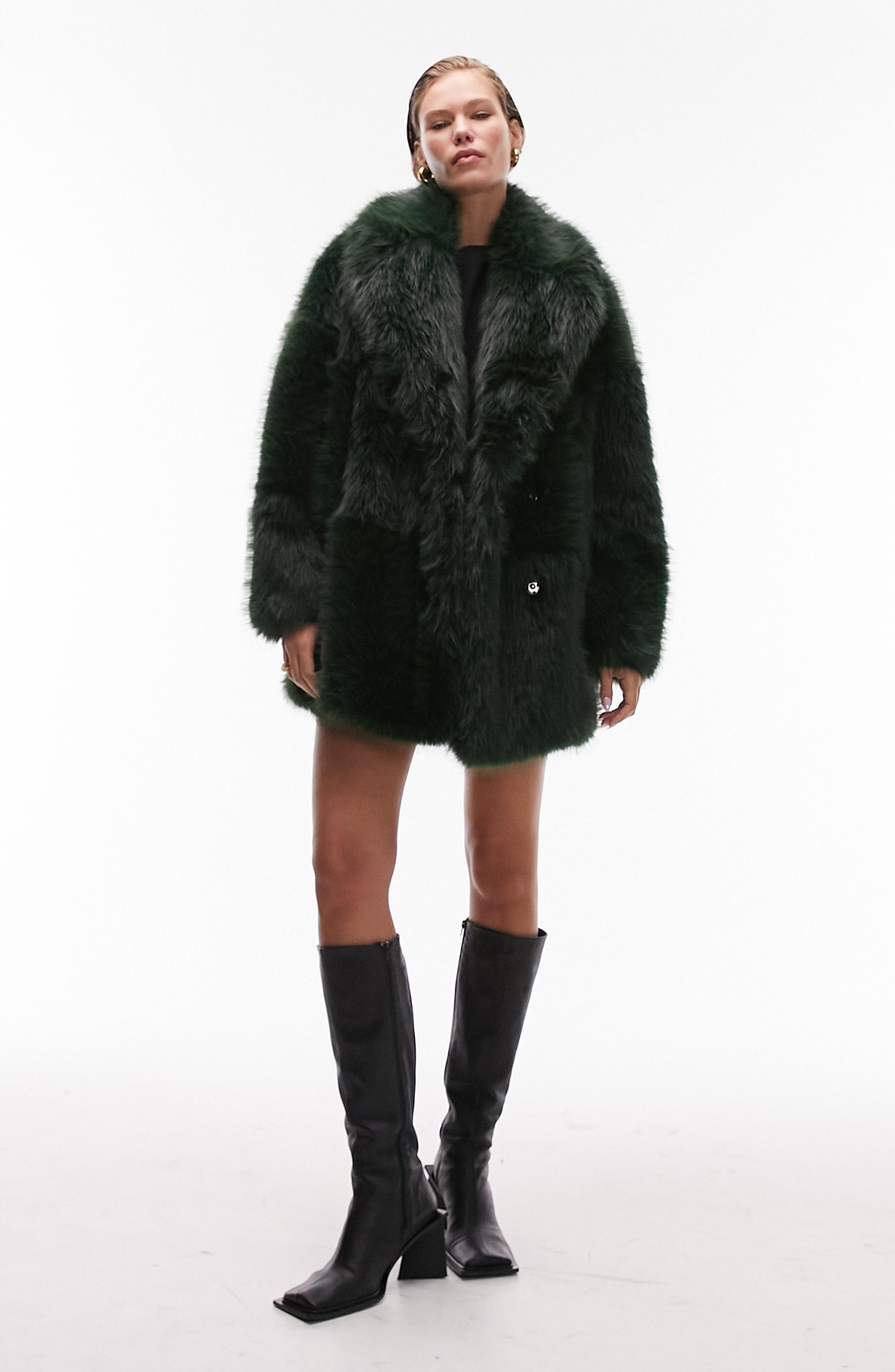 TOPSHOP Mid Length Faux Fur Coat in Black | Lyst