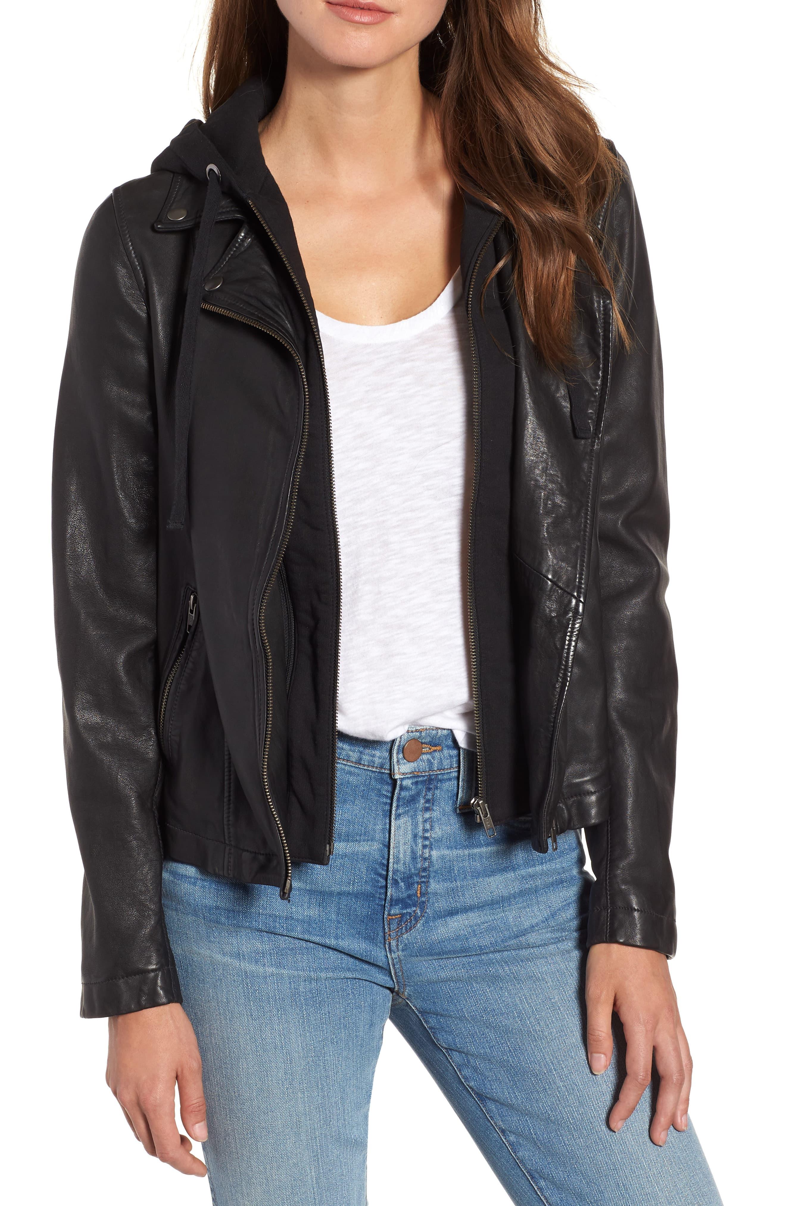 Caslon Caslon Leather Moto Jacket With Removable Hood in Black Lyst