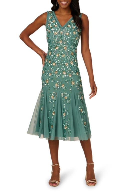Adrianna Papell Ruffle Beaded Midi Mermaid Cocktail Dress in Green | Lyst