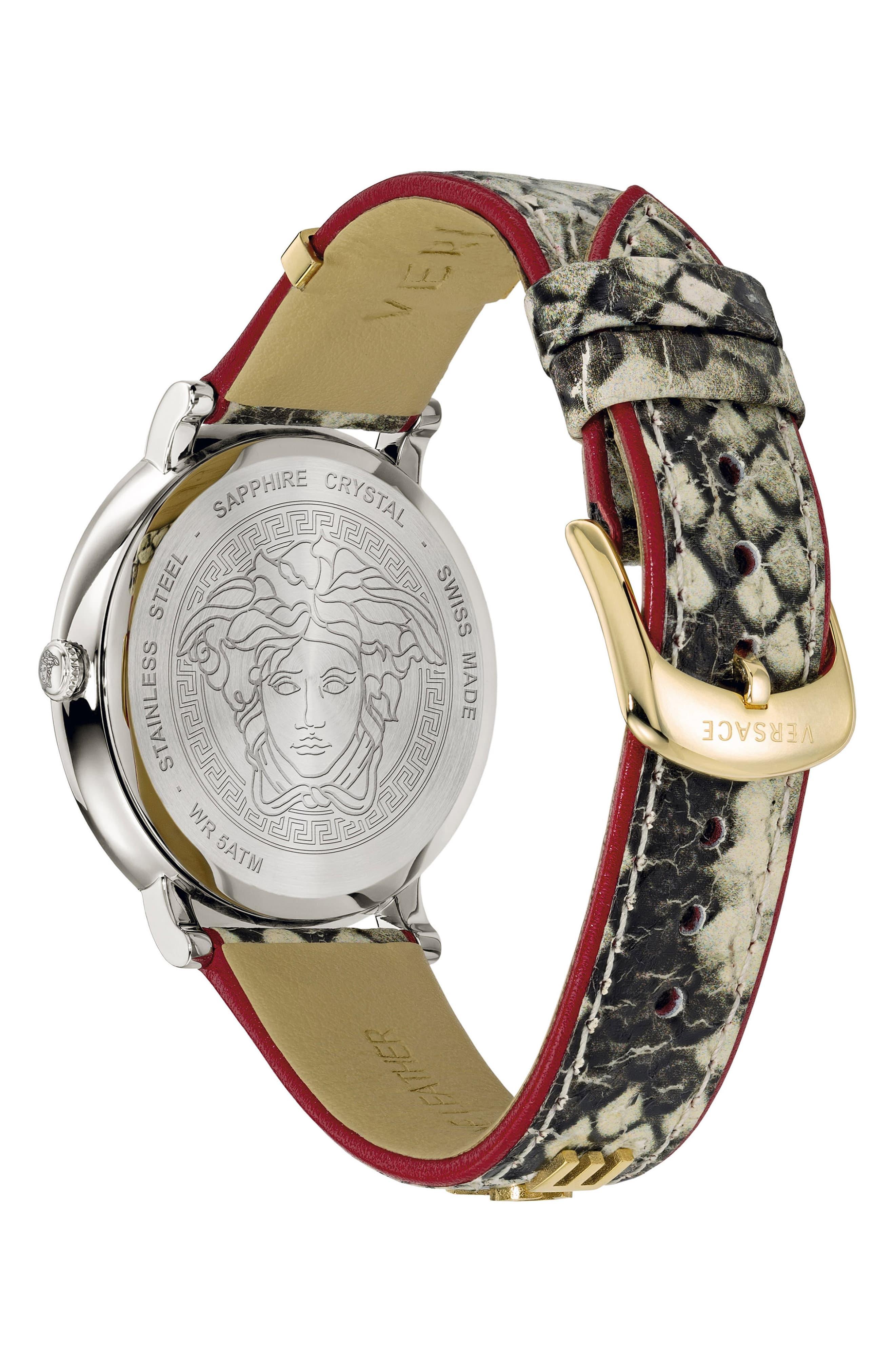 Versace V Circle Logo Snakeskin Leather Strap Watch in Snake/ Red/ Gold