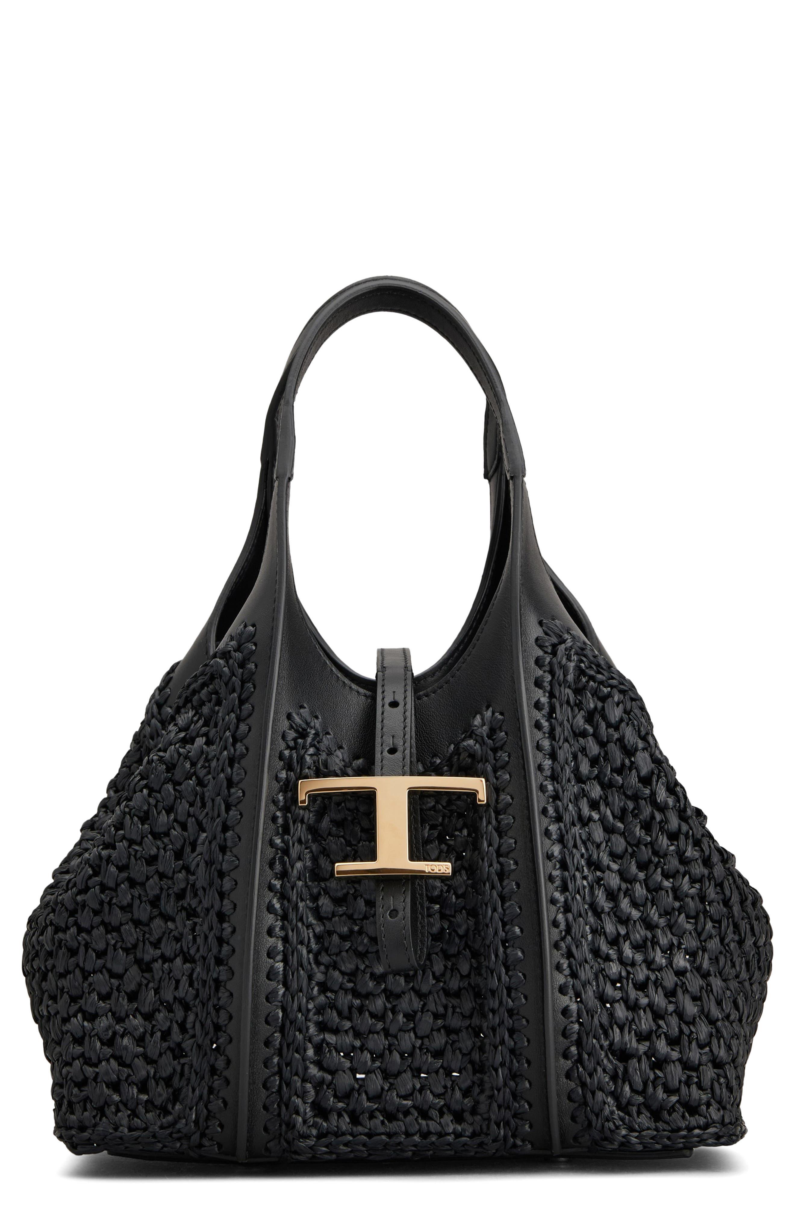 Tod's Mini T Timeless Crochet Raffia & Leather Shopping Bag in