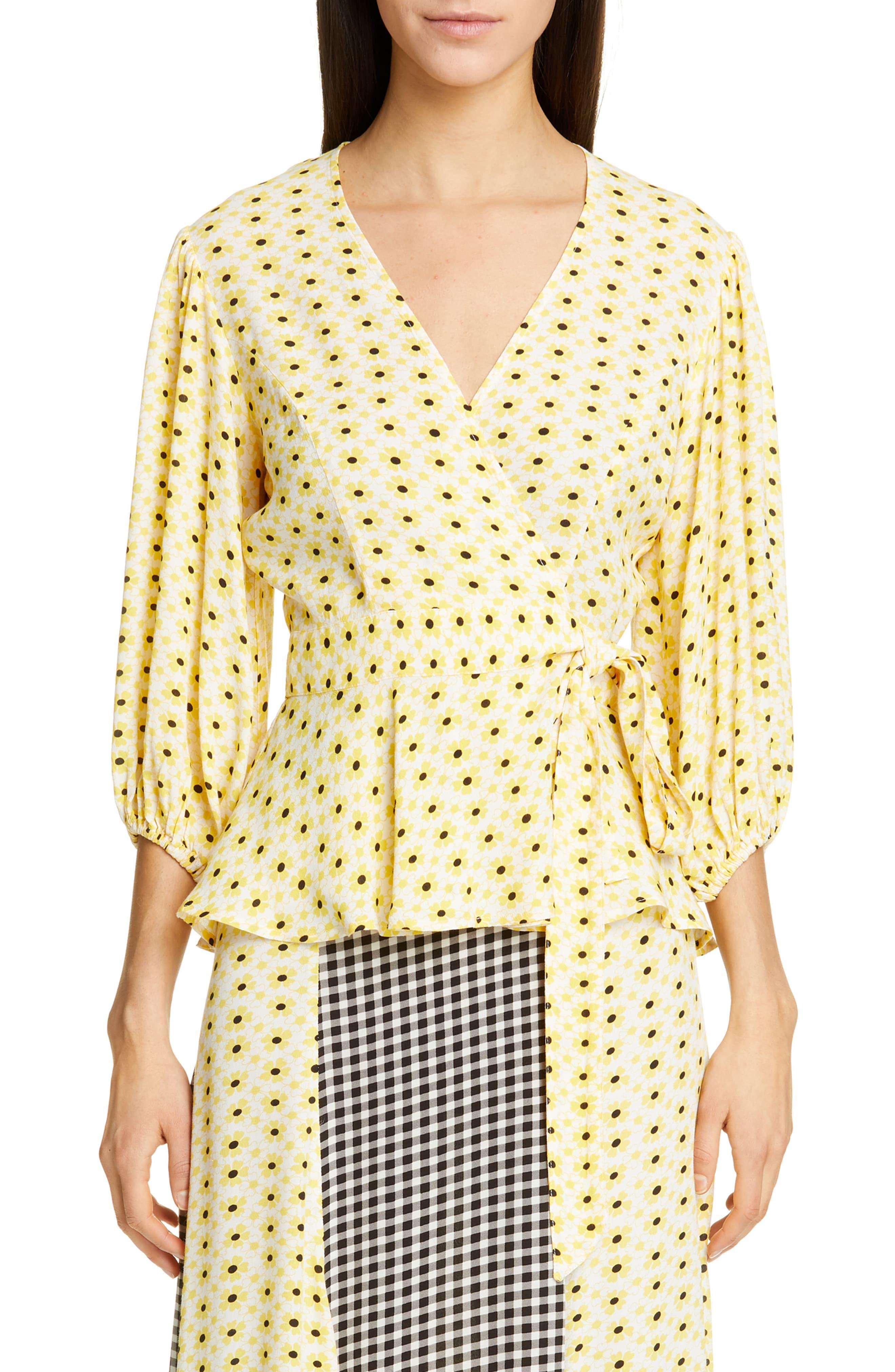 Ganni Floral-print Crepe Wrap Top in Yellow | Lyst