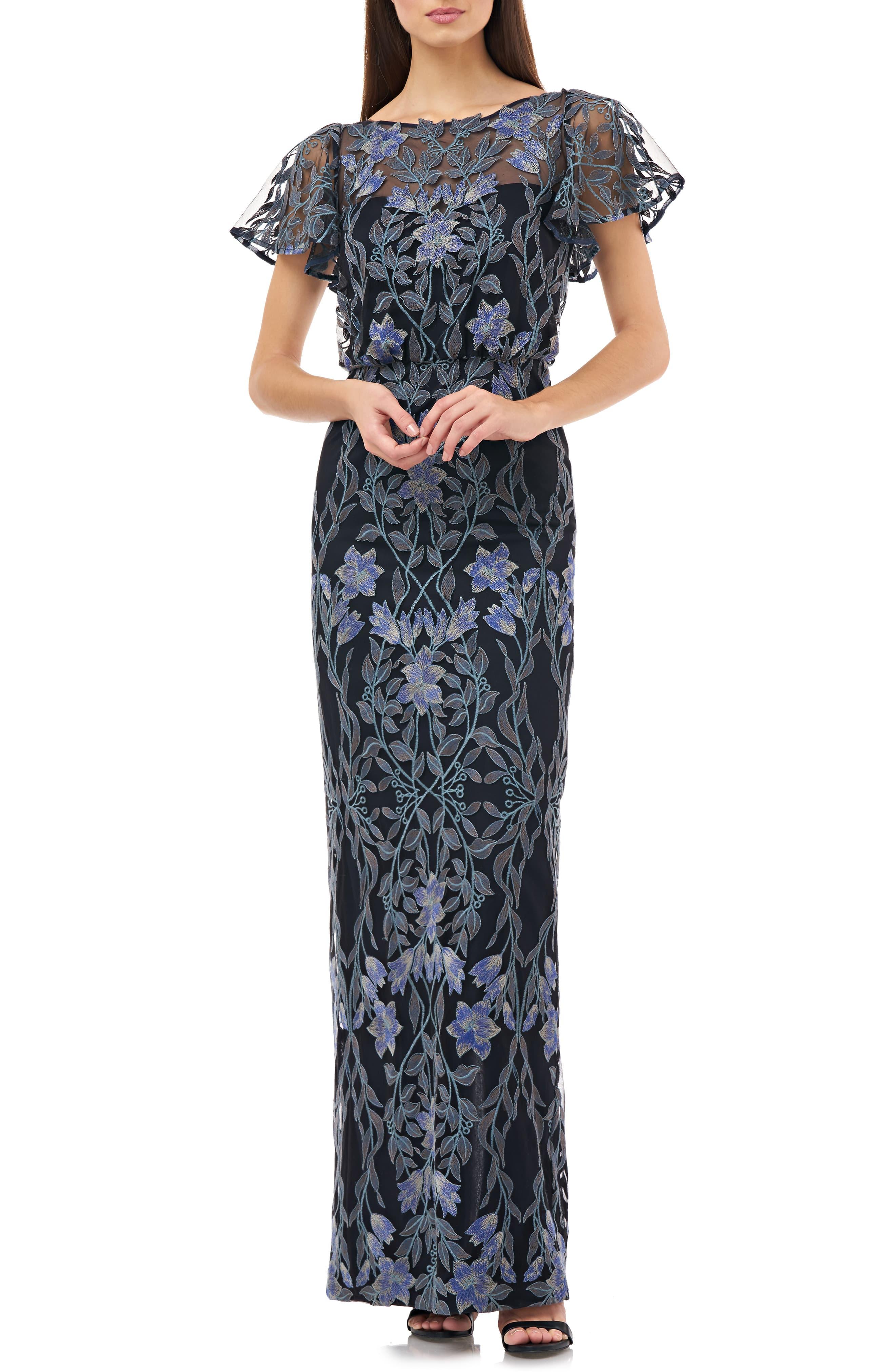 js collections illusion embroidered capelet gown