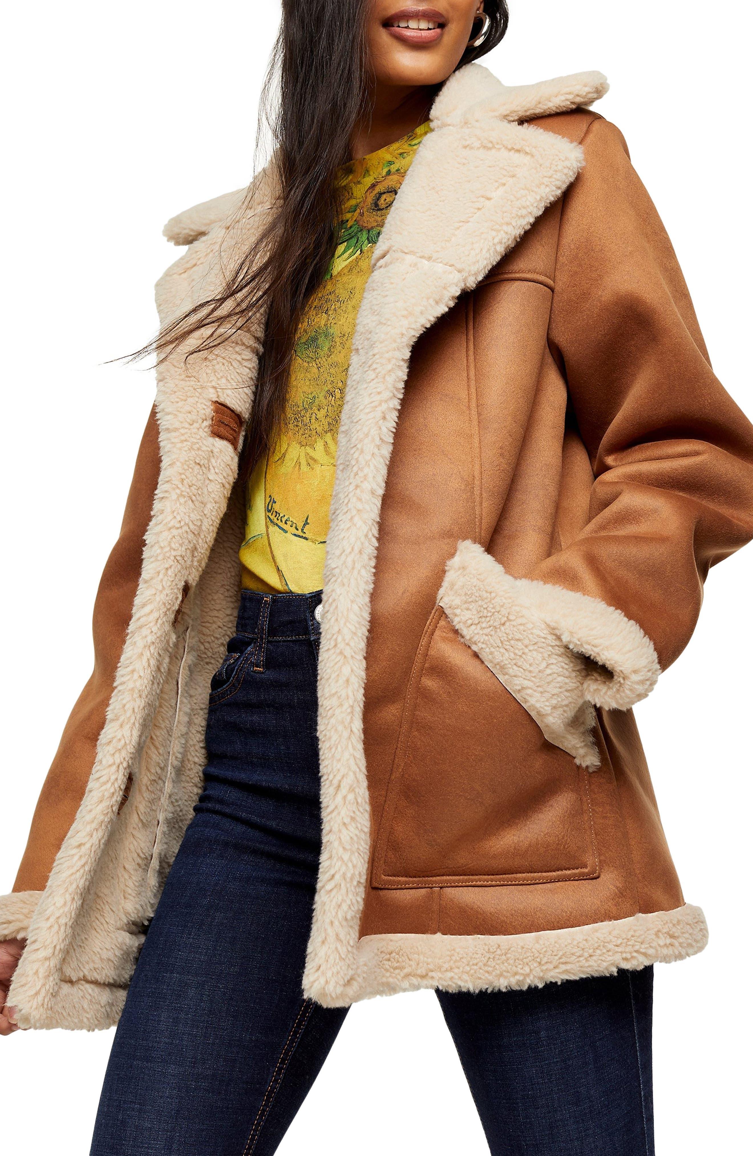 TOPSHOP Steve Faux Shearling Car Coat in Brown | Lyst