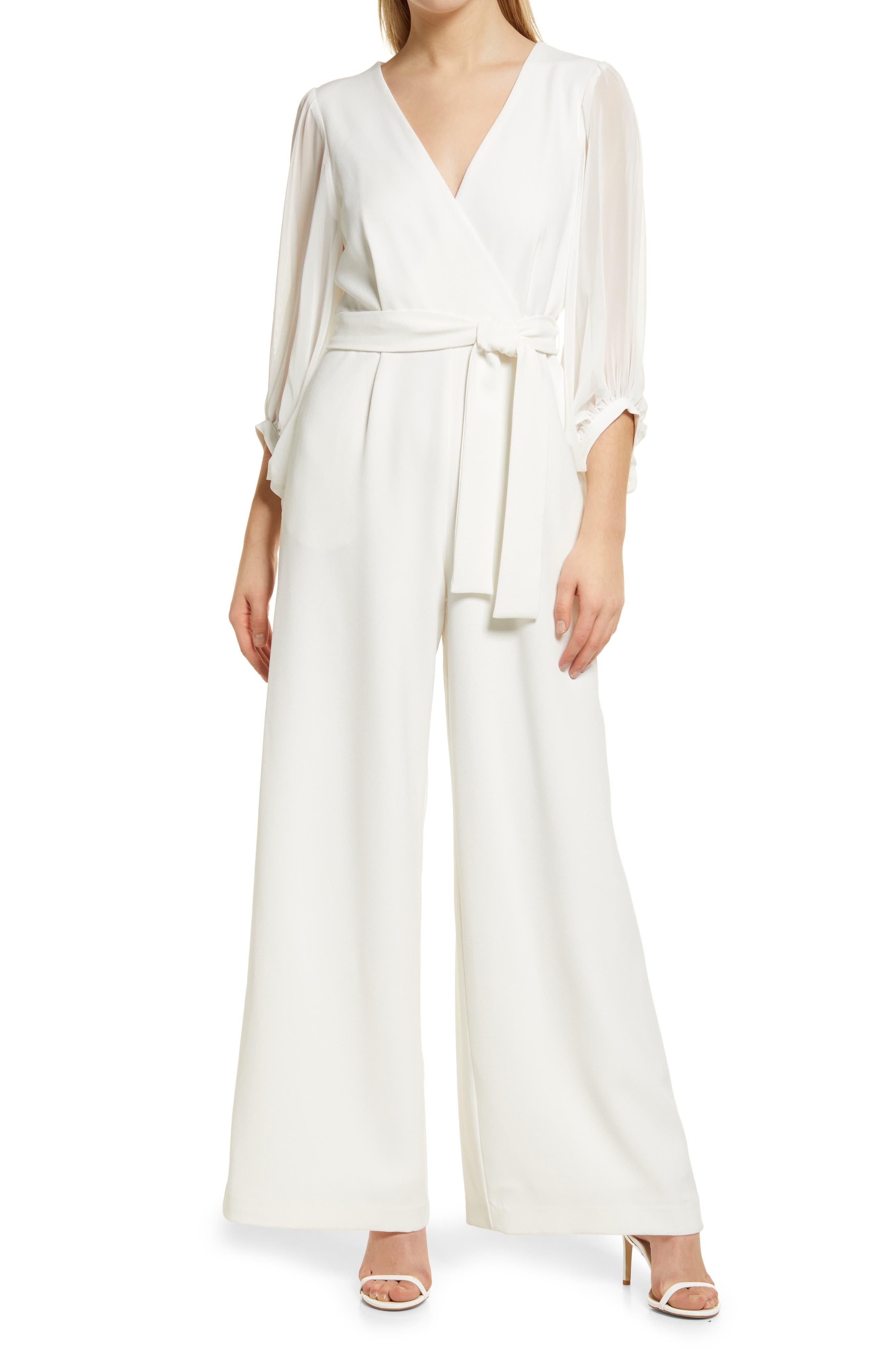 Donna Ricco Long Sleeve Wrap Jumpsuit in White | Lyst