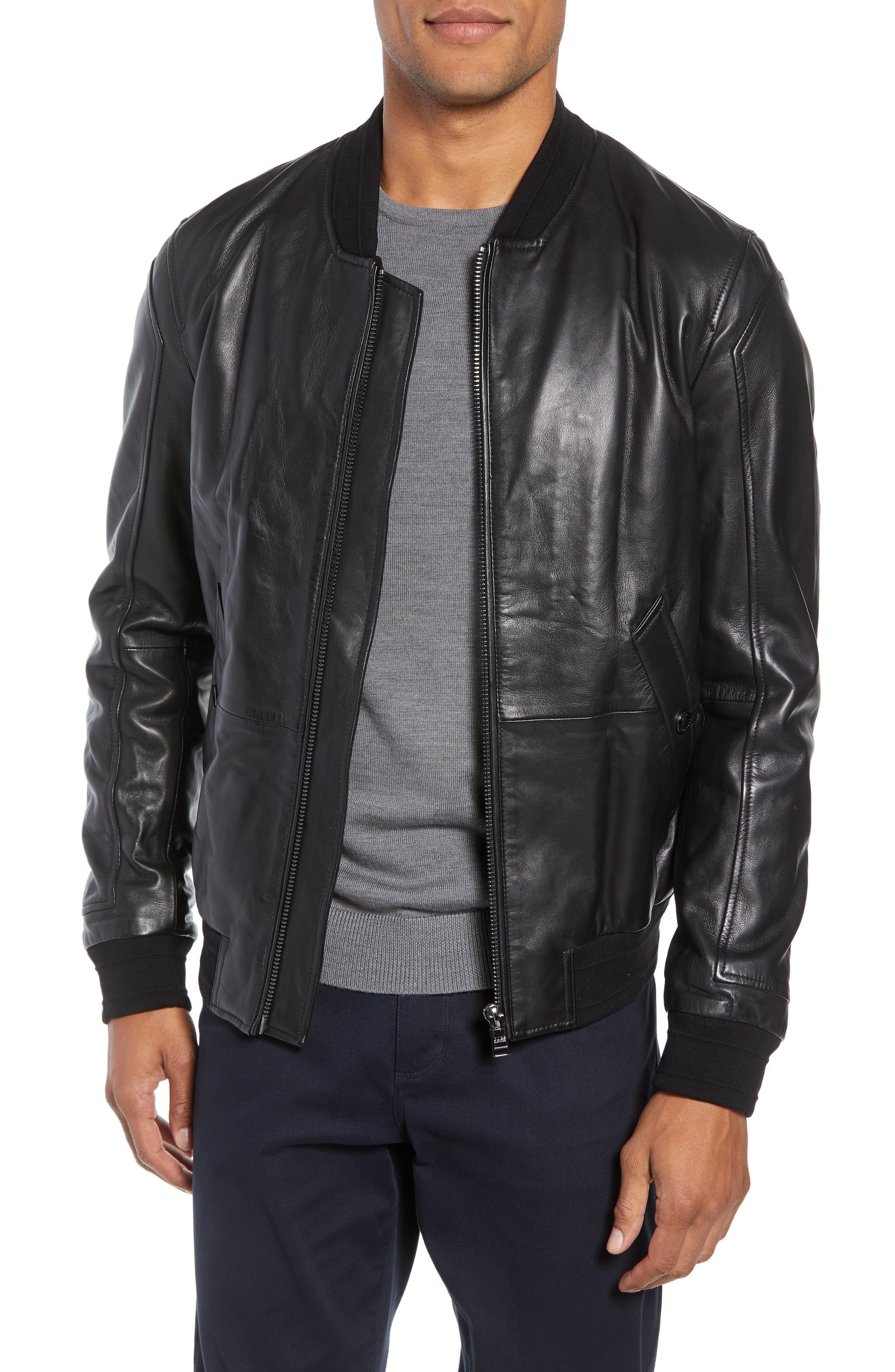 BOSS Arinos Leather Bomber Jacket in Black for Men - Lyst
