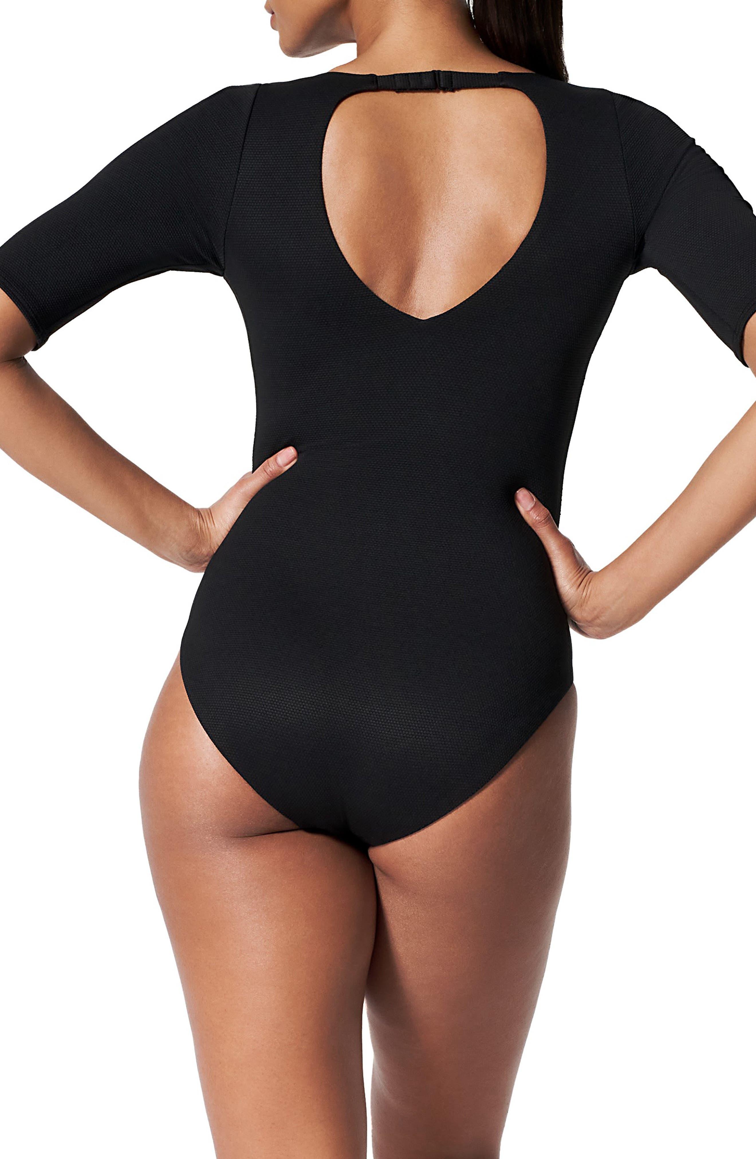 Spanx Spanx Piqué Shaping Short Sleeve One-piece Rashguard Swimsuit in  Black