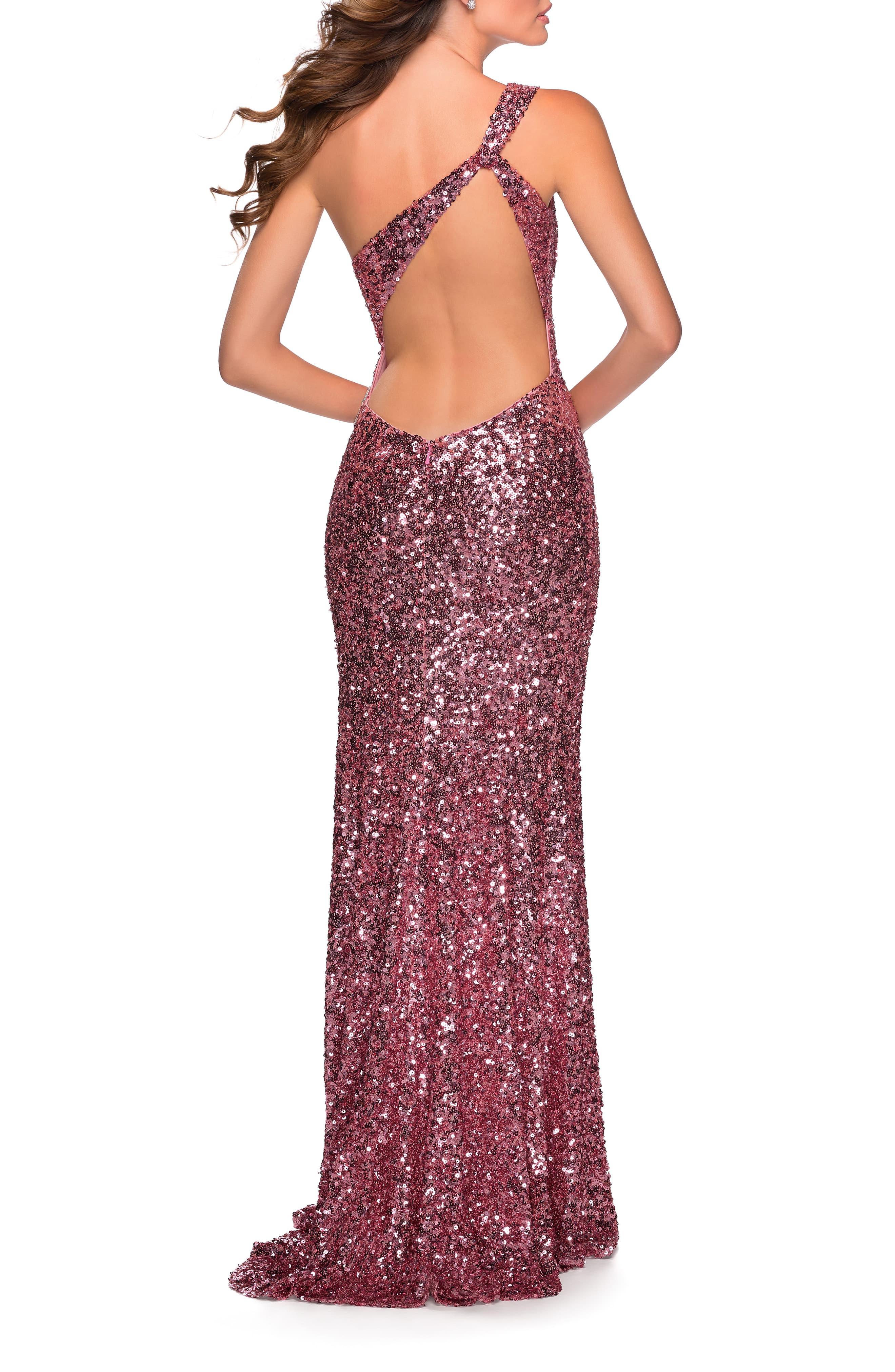 avery g one shoulder sequin gown