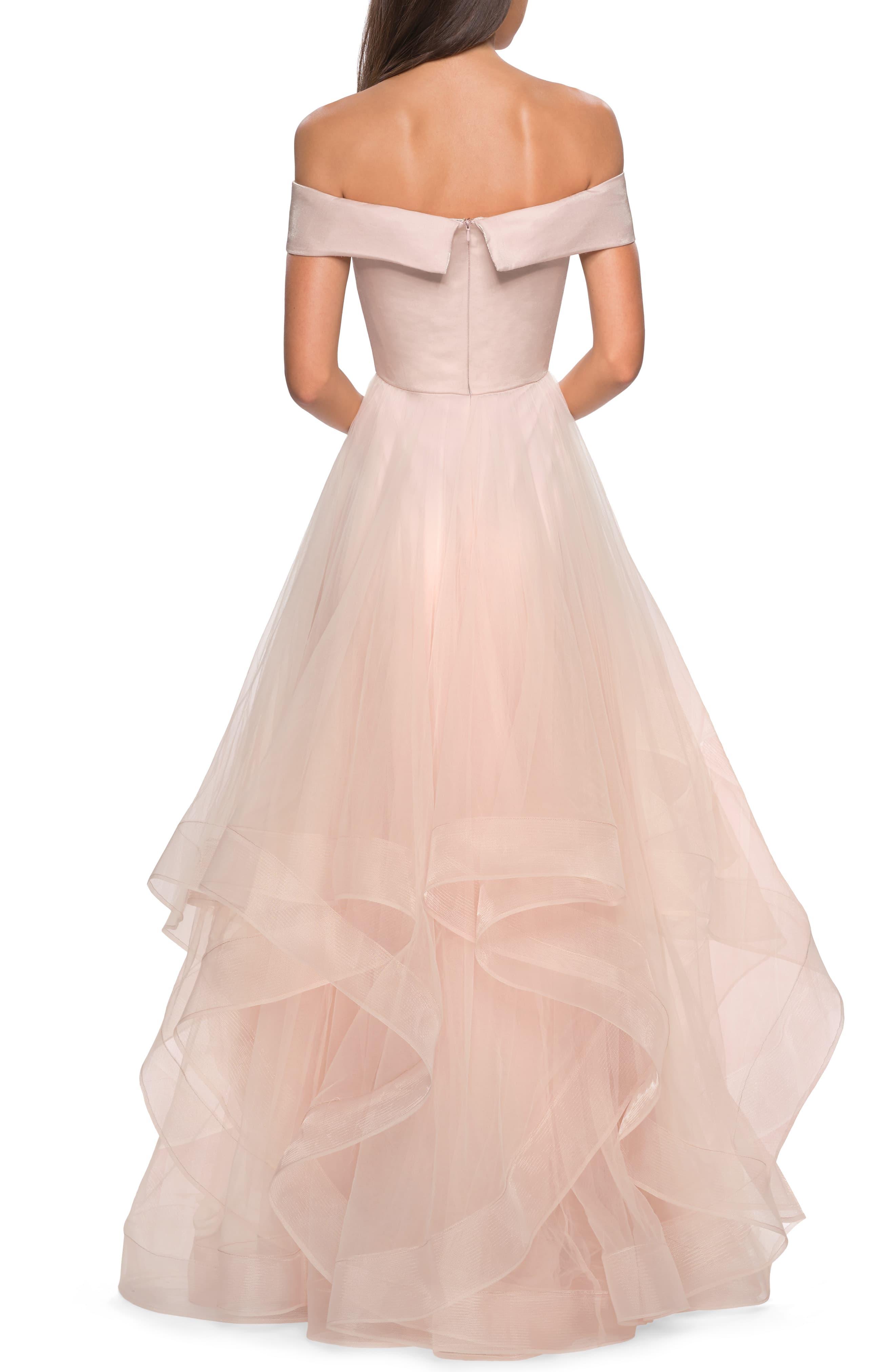 la femme off the shoulder evening dress