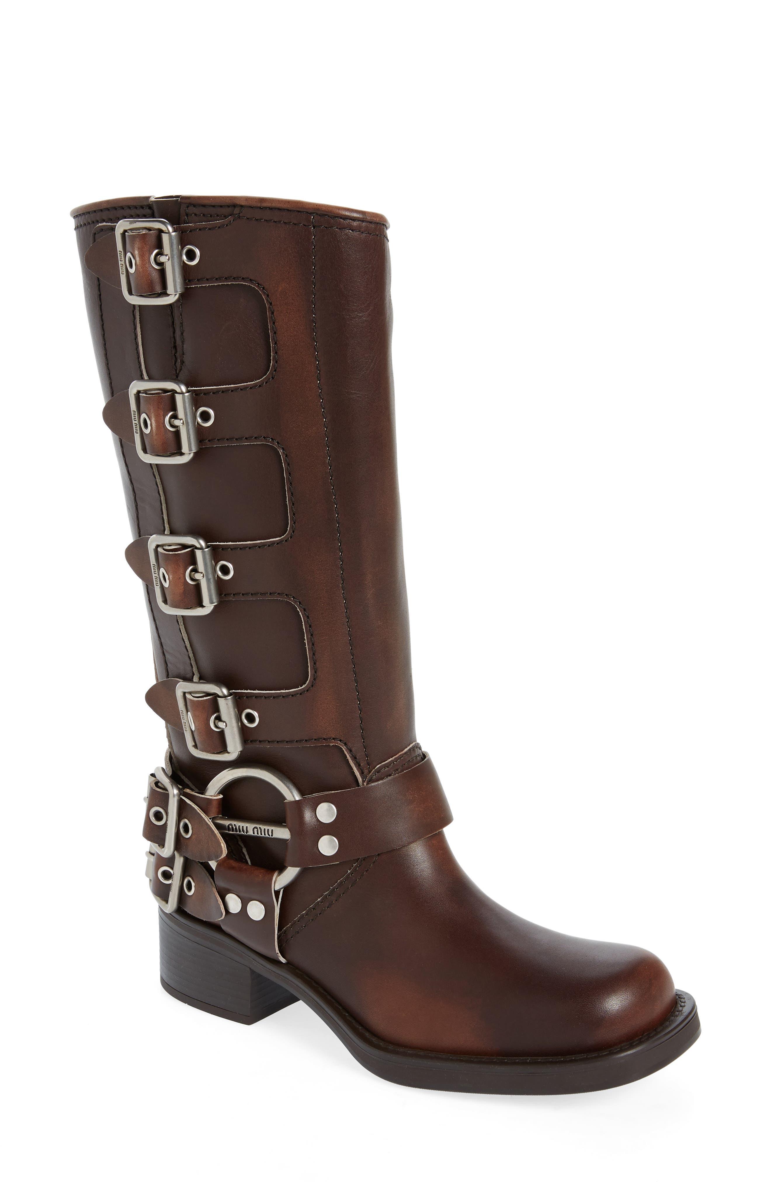 Miu Miu Moto Harness Boot in Brown | Lyst