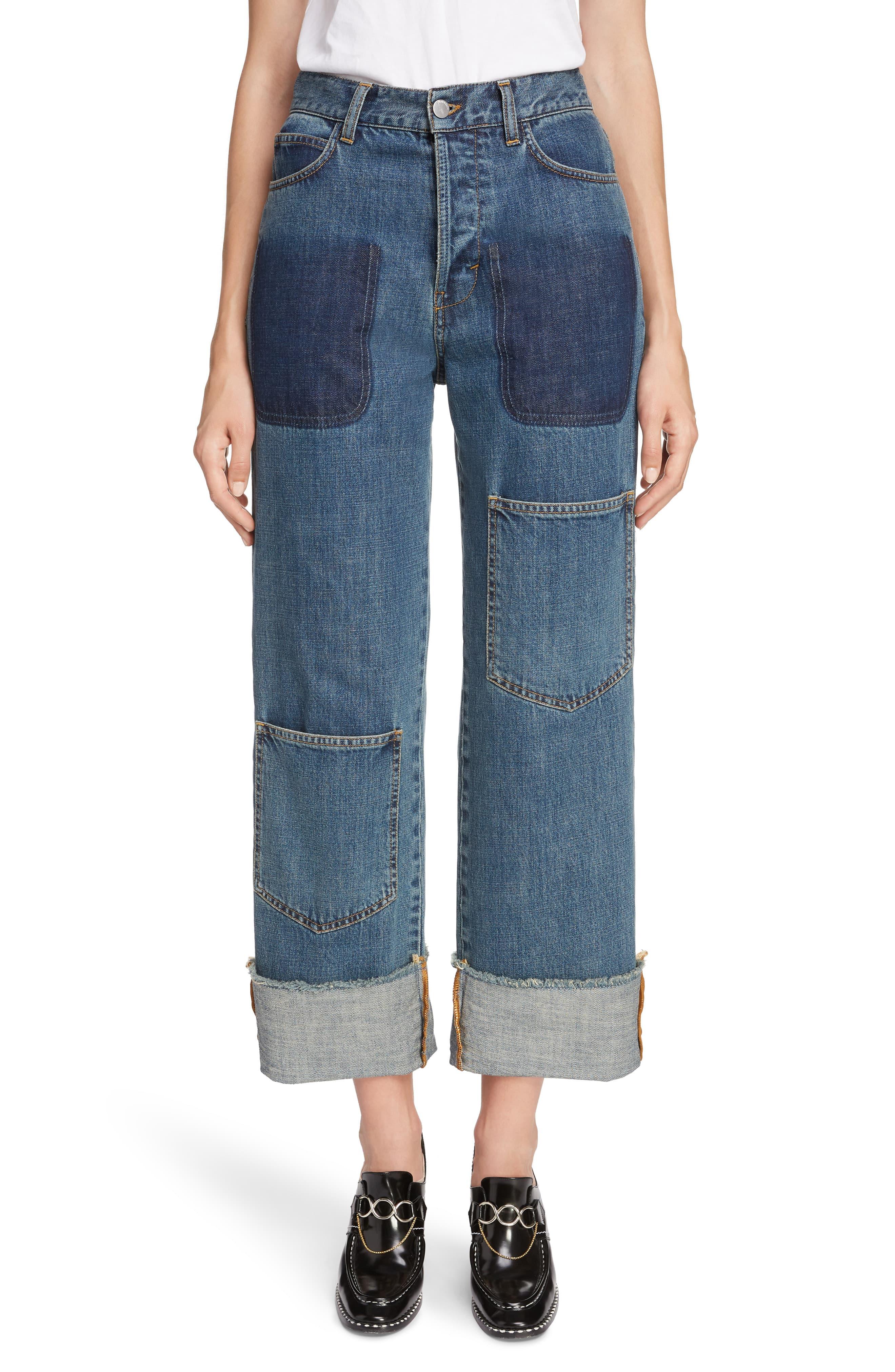 JW Anderson Denim Shaded Pocket Wide Leg Ankle Jeans in Mid Blue (Blue