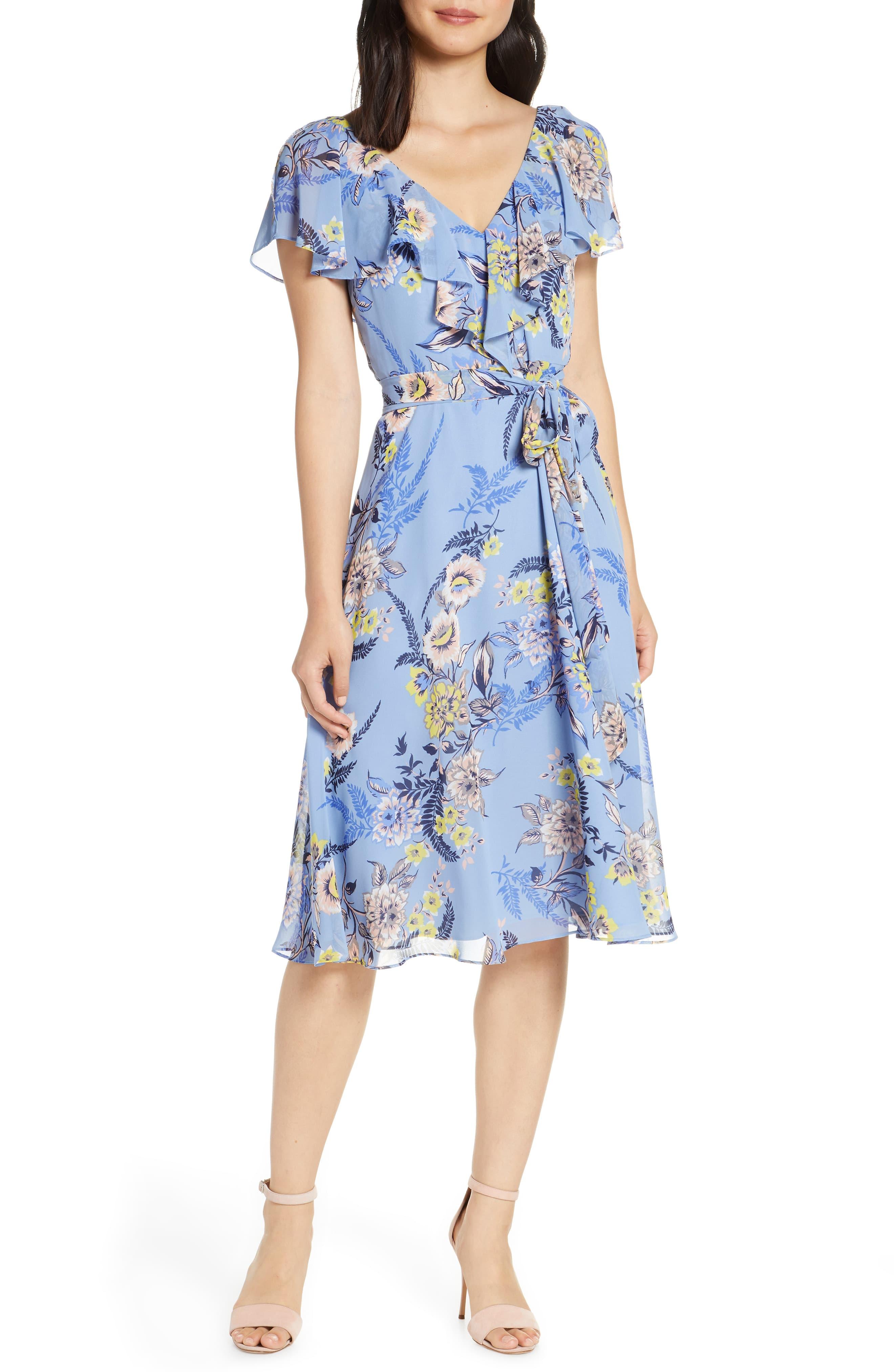 eliza j floral ruffle midi dress