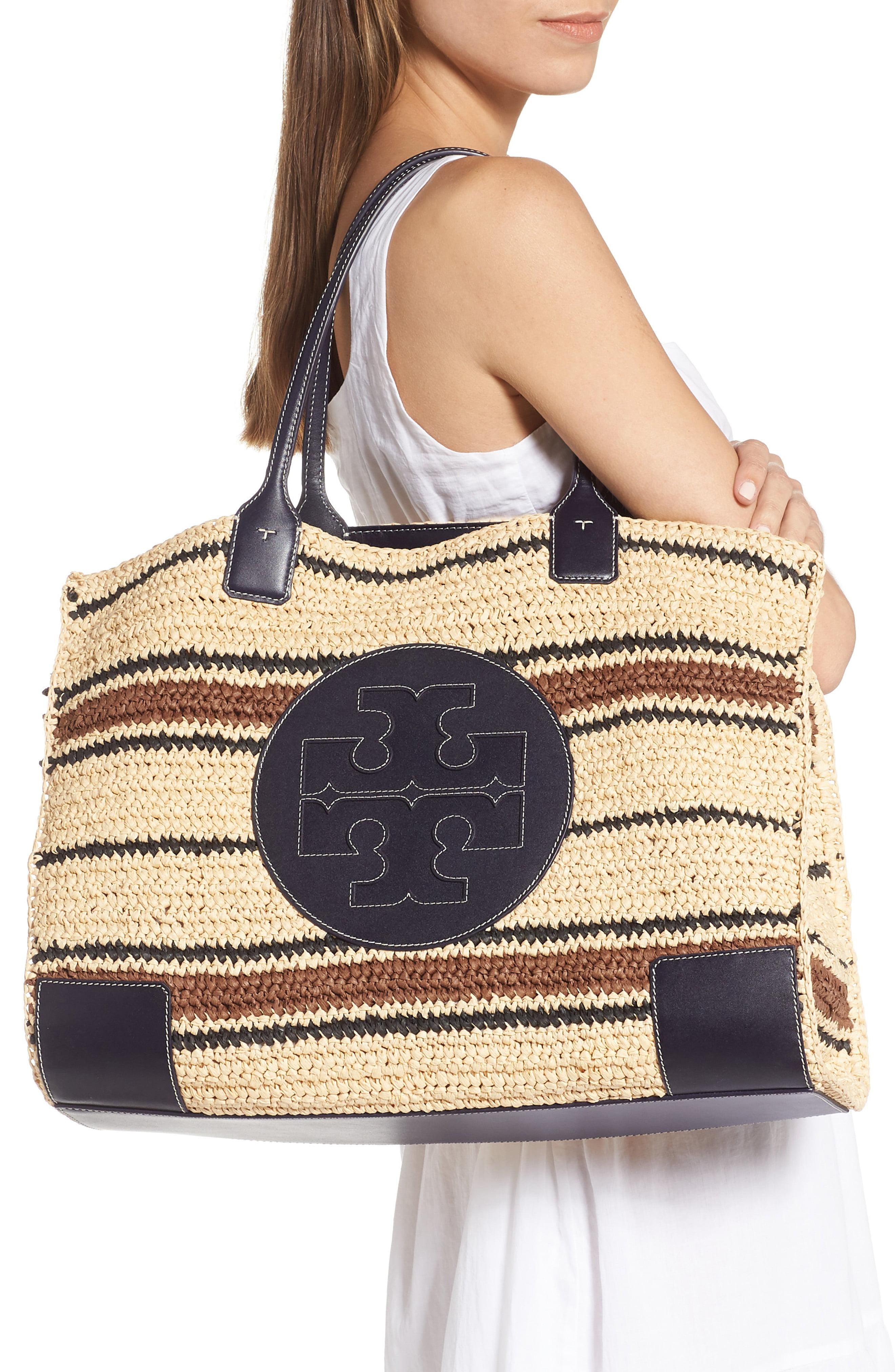 Tory Burch Leather Ella Striped Straw Tote Bag in Natural / Midnight ...