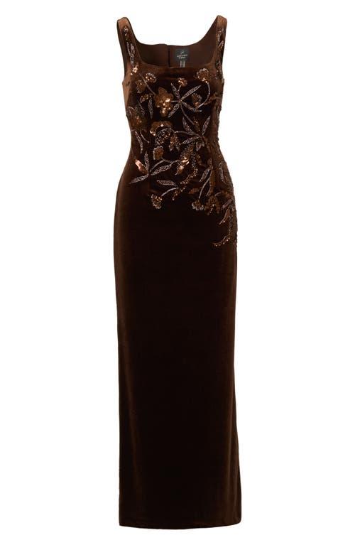 adrianna papell brown velvet dress Brown One Shoulder Draped Velvet Gown With Chain Accent main image 1