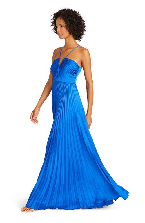 ml monique lhuillier evelyn pleated satin maxi dress ML Monique Lhuillier Pleated Satin Gown in Blue