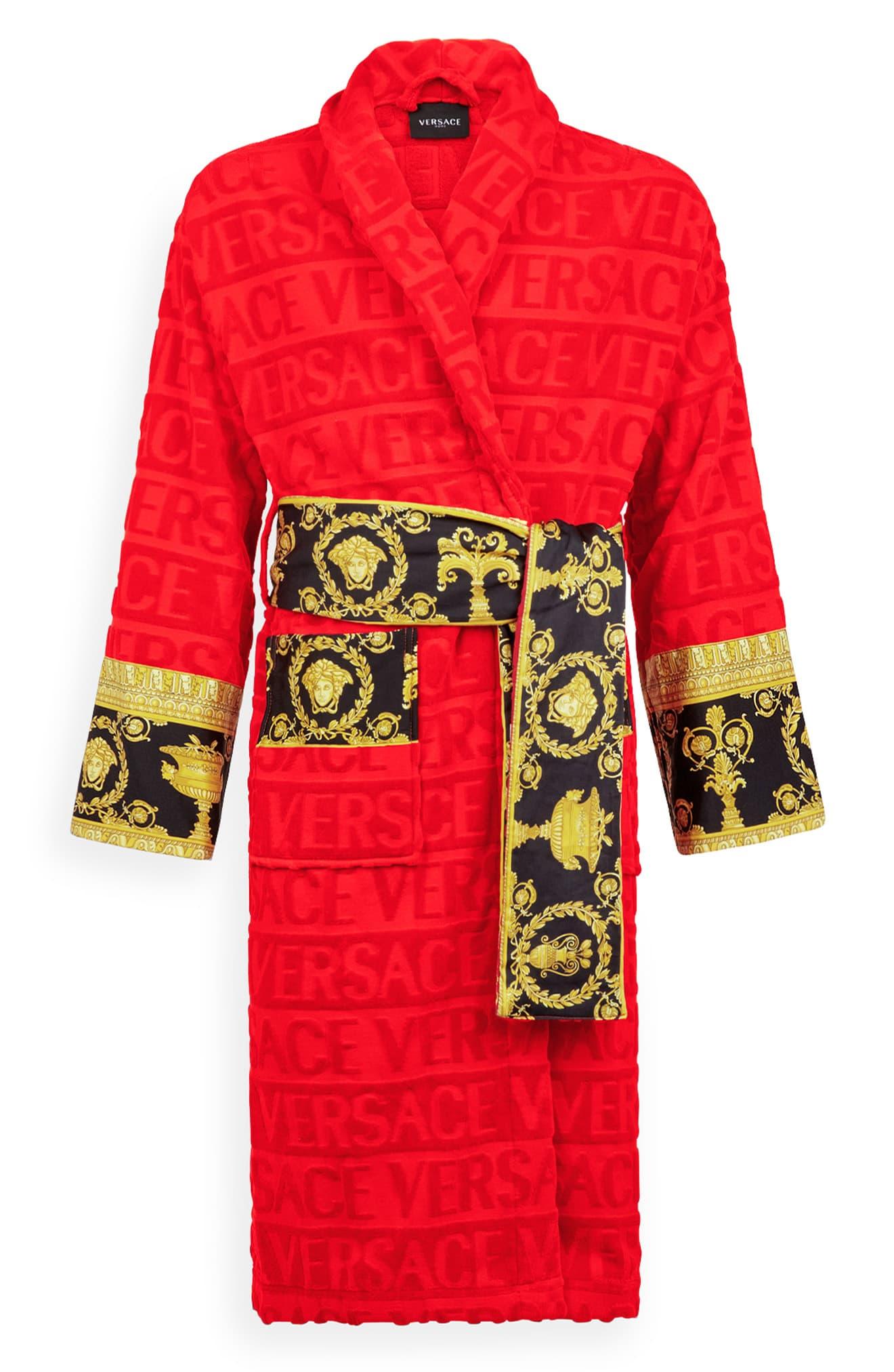 Versace Cotton Barocco Terry Robe in Red | Lyst